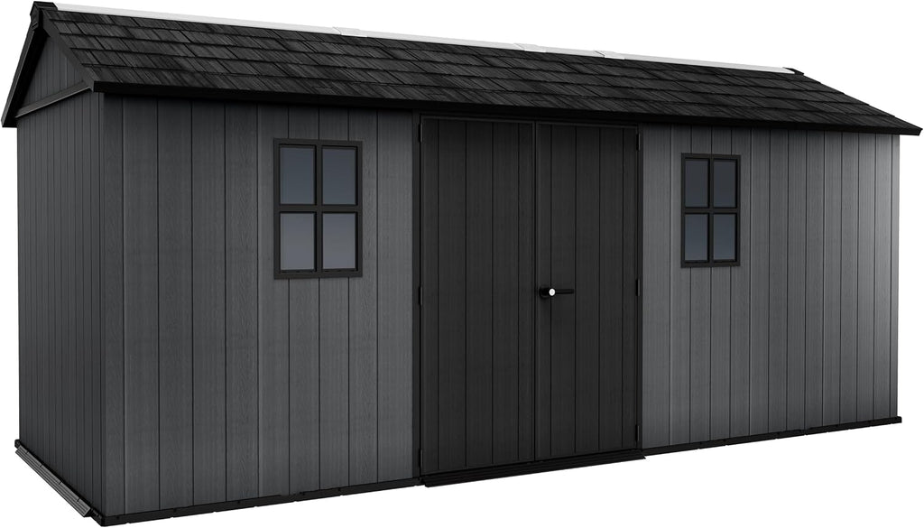 Keter Newton Plus 7.5x17 Ft All-Weather Storage Shed with Skylight, Window, Built-in Ventilation, Customizable Walls, & Lockable Double Doors, Graphite