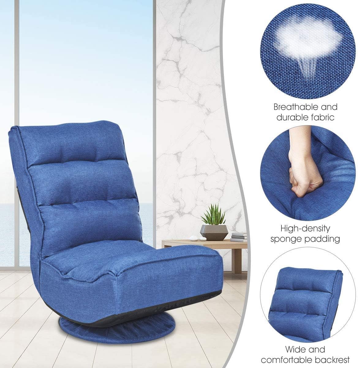 FANTASK 360 Degree Swivel Floor Chair, Folding Floor Sofa w/ 5 Adjustable Positions & Backrest, Lazy Lounge Chair for Relaxing Reading Gaming TV Watching (Navy Blue)