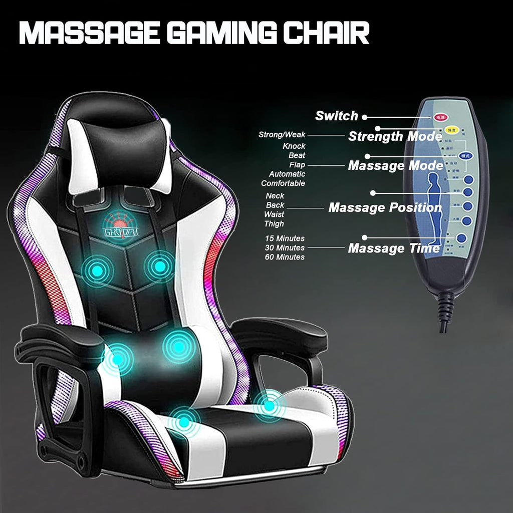 Video Game Chairs with Footrest,Gaming Chair with Bluetooth Speakers - Lumbar Support Ergonomic High Back Computer Chair 60° Swivel RGB Gaming Racing Chair for Gaming,White