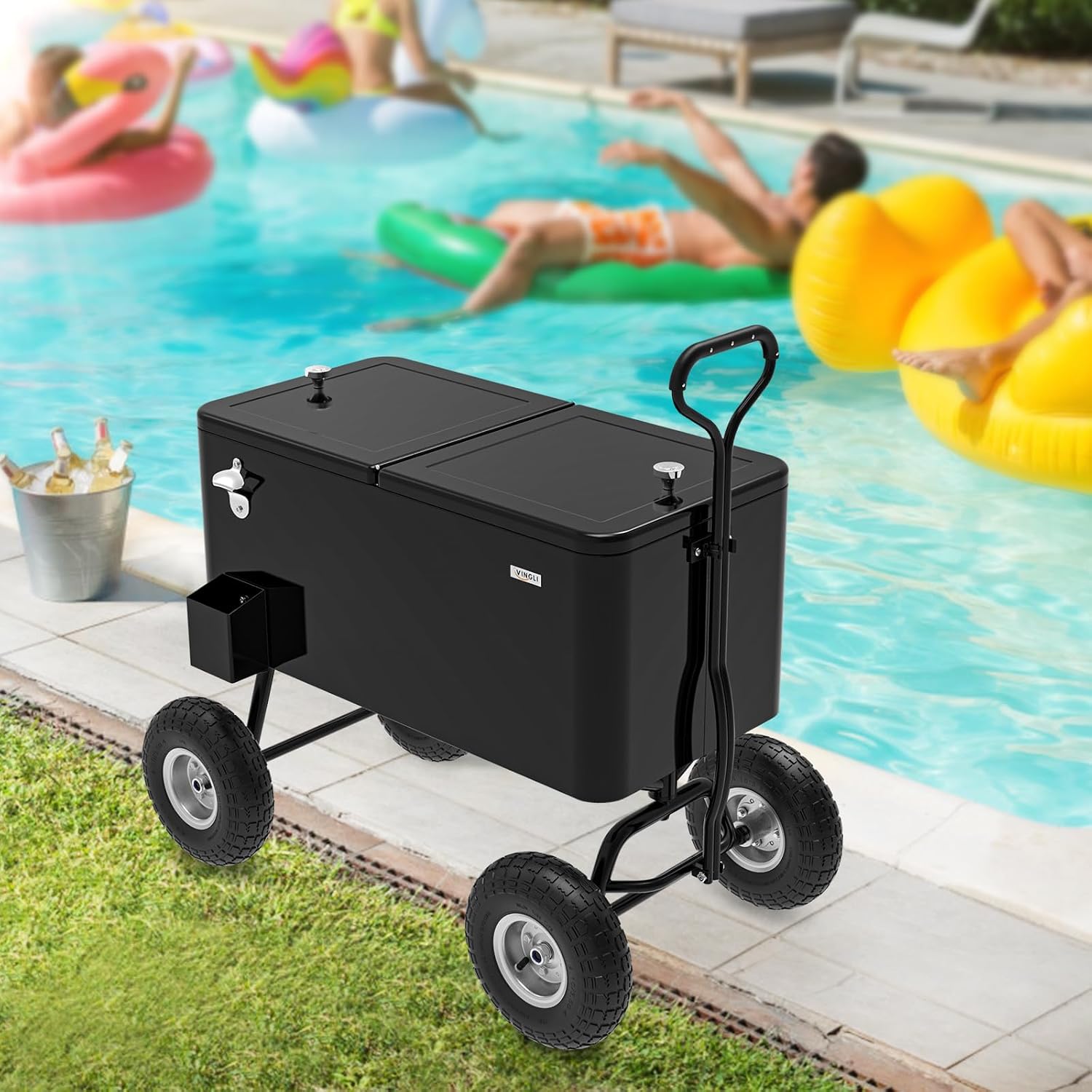 VINGLI 80 Quart Wagon Rolling Cooler Ice Chest, w/Long Handle and 10' Wheels, Portable Beach Patio Party Bar Cold Drink Beverage, Outdoor Park Cart on Wheels