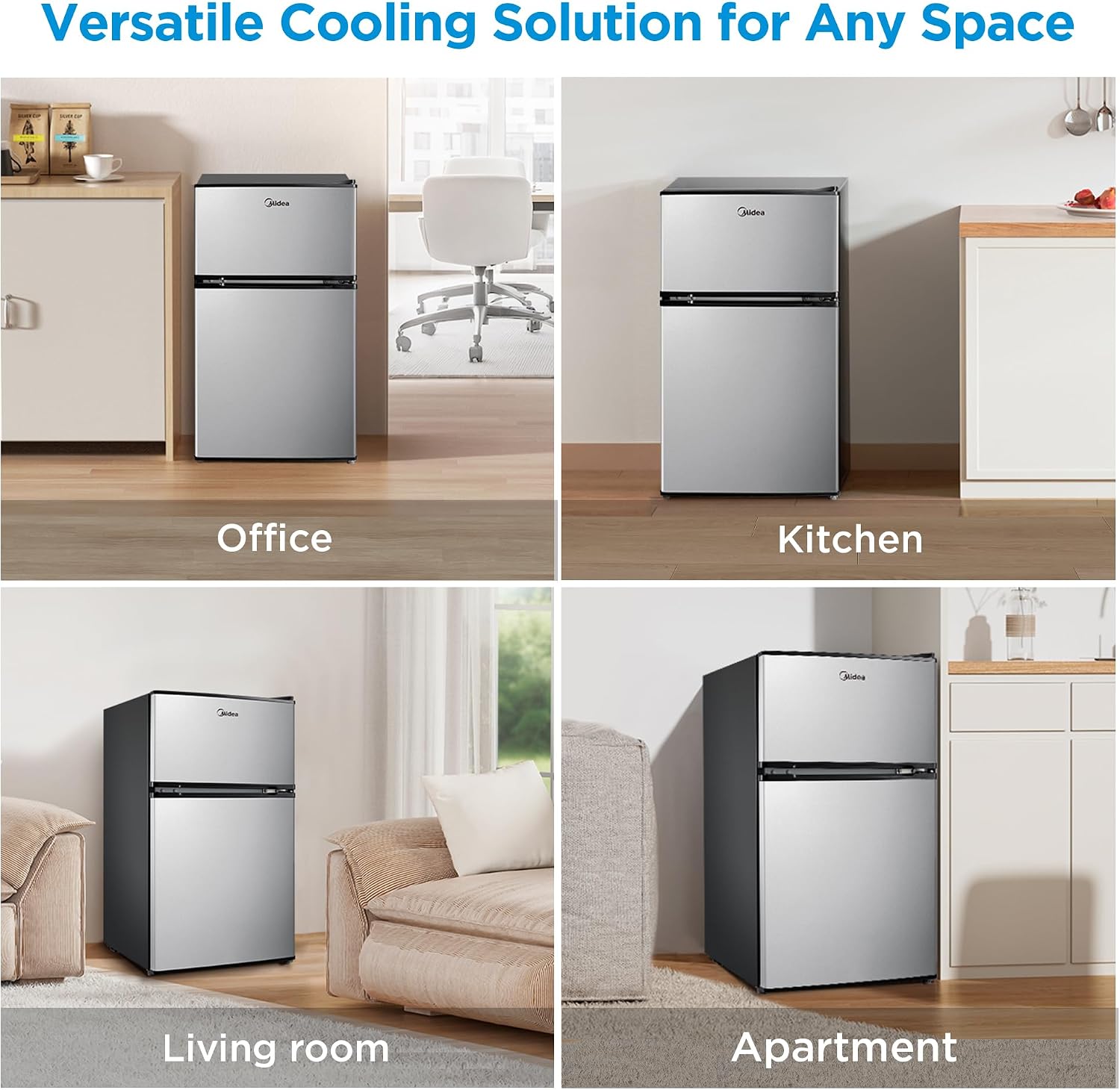 Midea WHD-113FSS1 Double Door Mini Fridge with Freezer for Bedroom Office or Dorm with Adjustable Remove Glass Shelves Compact Refrigerator, 3.1 cu ft, Stainless Steel
