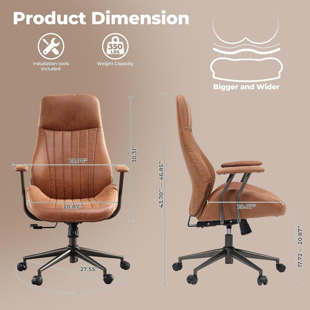 ovios Ergonomic Office Chair, High Back Faux Leather Executive Chairs with Armrests, Comfy Mid-Century Modern Swivel Rolling Computer Armchair (Brown, Suede Leather)