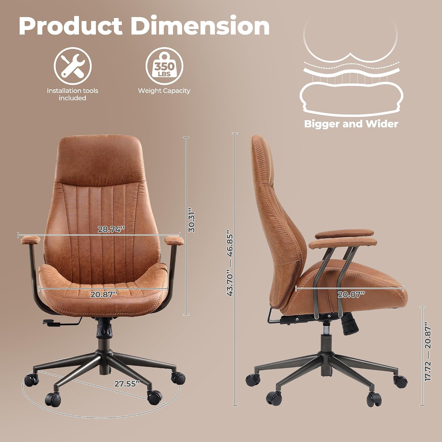 ovios Ergonomic Office Chair, High Back Faux Leather Executive Chairs with Armrests, Comfy Mid-Century Modern Swivel Rolling Computer Armchair (Brown, Suede Leather)
