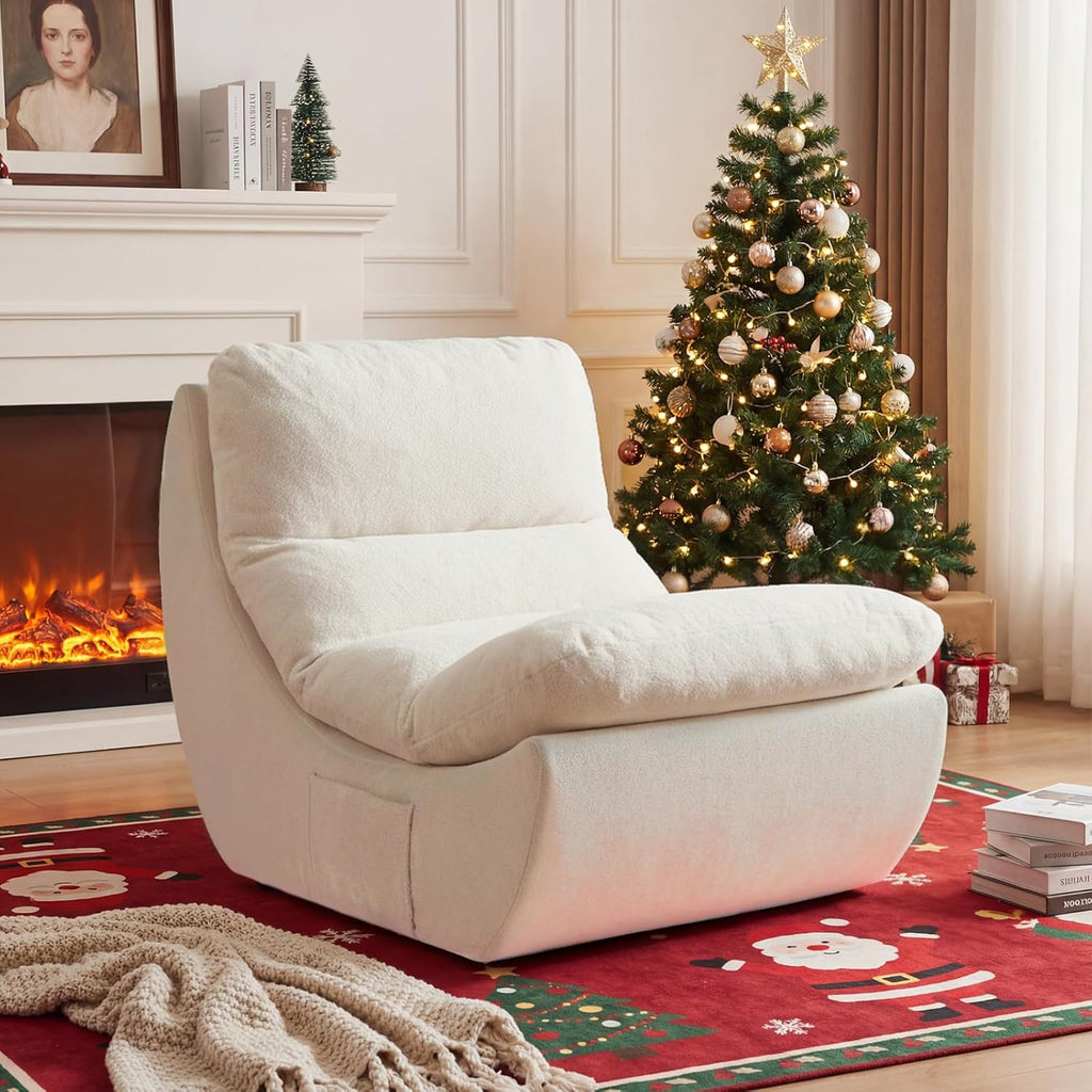 Comfy Reading Chair for Adults, Modular Sectional Sofa Bean Bag Chair, Cloud Boneless Couch Style with High Rebound Foam, Single Seat Compressible Sofa for Living Room & Bedroom, Beige