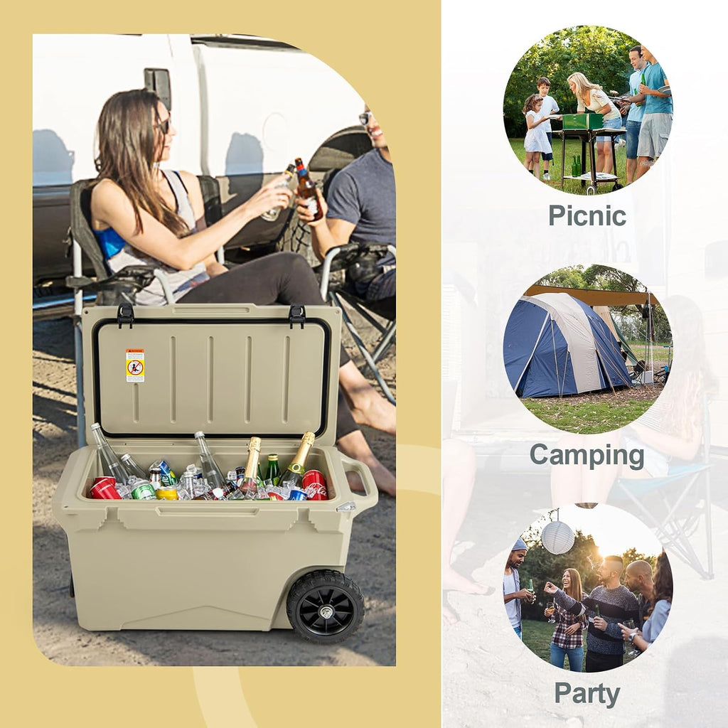 Goplus Cooler with Wheels, Insulated Large Ice Chest with Portable Handles, Cup Holders, Leak-Proof Tight Latches, 5-7-day Ice Retention, Heavy Duty Hard Coolers for Beach Camping Boat