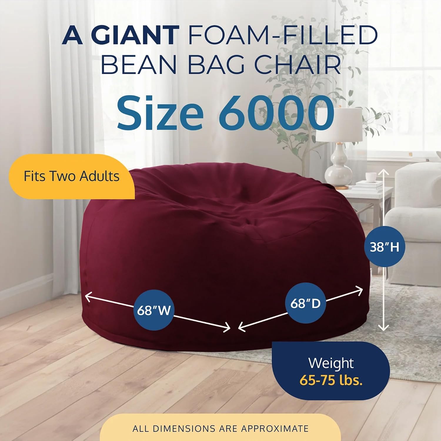 ULTIMATE SACK 6000 6-Foot Bean Bag Chair with Footstool, Burgundy Suede Cover – Oversized Foam Lounger, Floor Seat, Small Sofa, or Couch Bed for Living Area, Gaming Room, or Reading Lounge