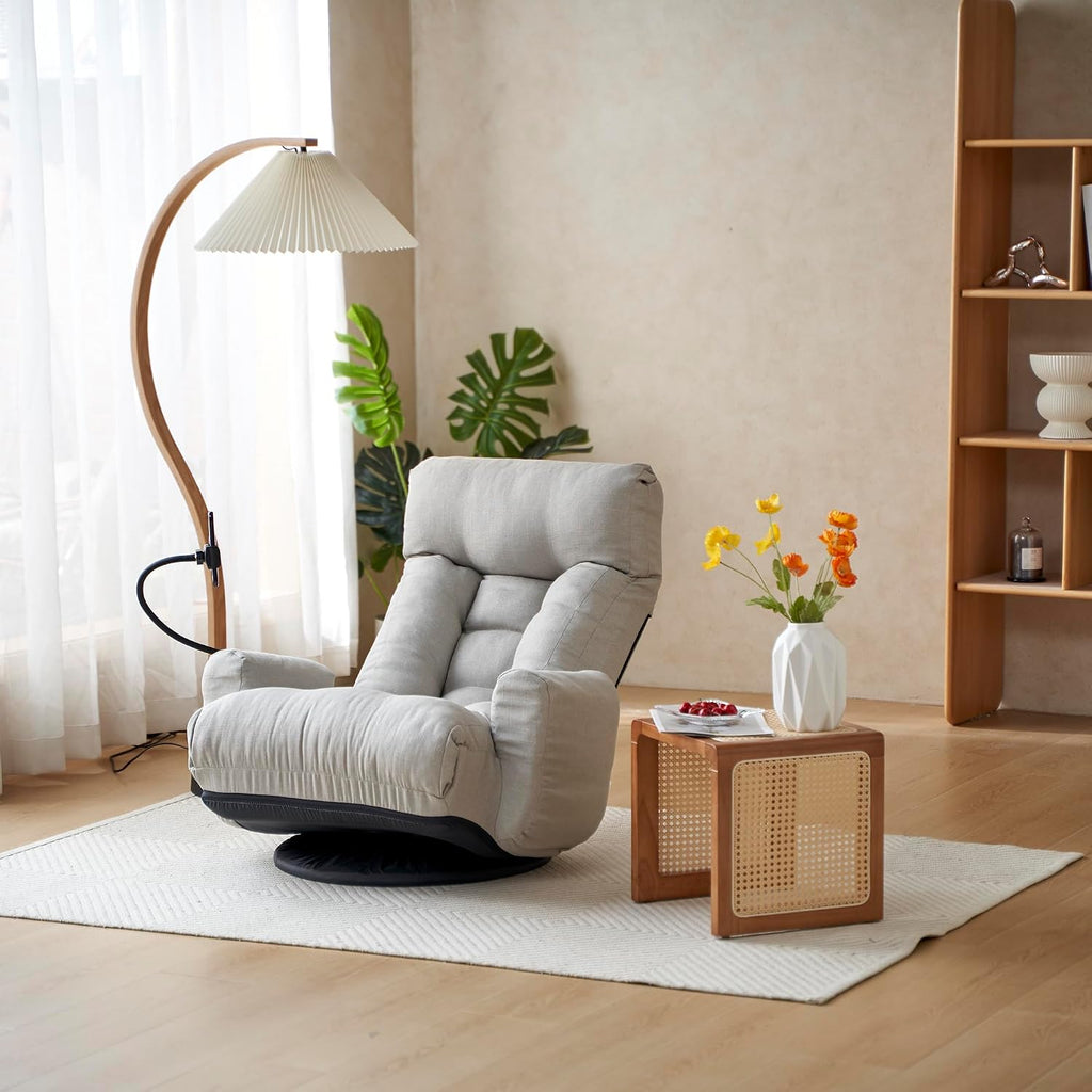 Yoglad Japanese Style Chaise Lounge Sofa with Phone Holder, 360-Degree Swivel Chair Floor Gaming Chair Lazy Sofa for Reading Game Meditating, 3 Adjustable Positions (Linen Gray)