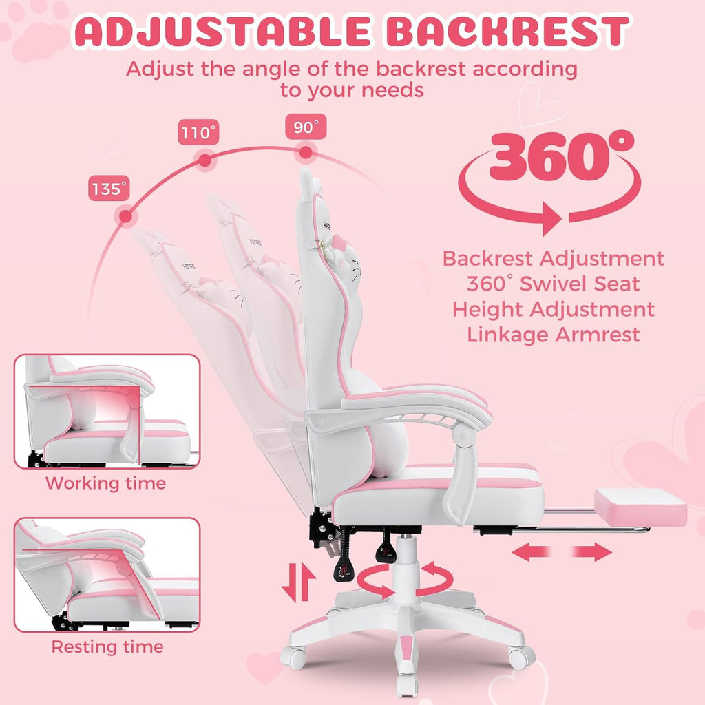 HOFFREE Pink Gaming Chair with Cat Ears and Cloud Massage Lumbar Ergonomic Cute Computer Chair for Girls with Footrest Comfortable Reclining Game Chairs for Adults Pink and White