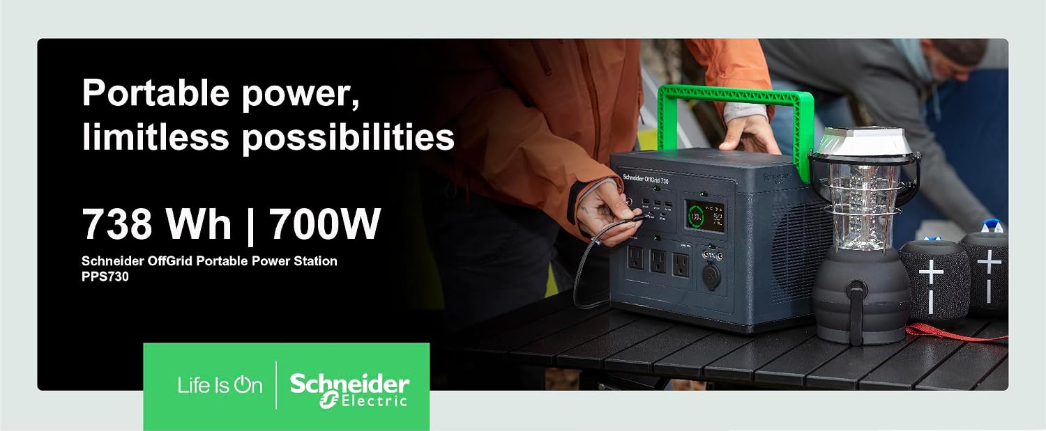 Schneider OffGrid 738Wh Portable Power Station, PPS730 Portable Solar Generator with Wireless Charging Pad, for Camping or Home