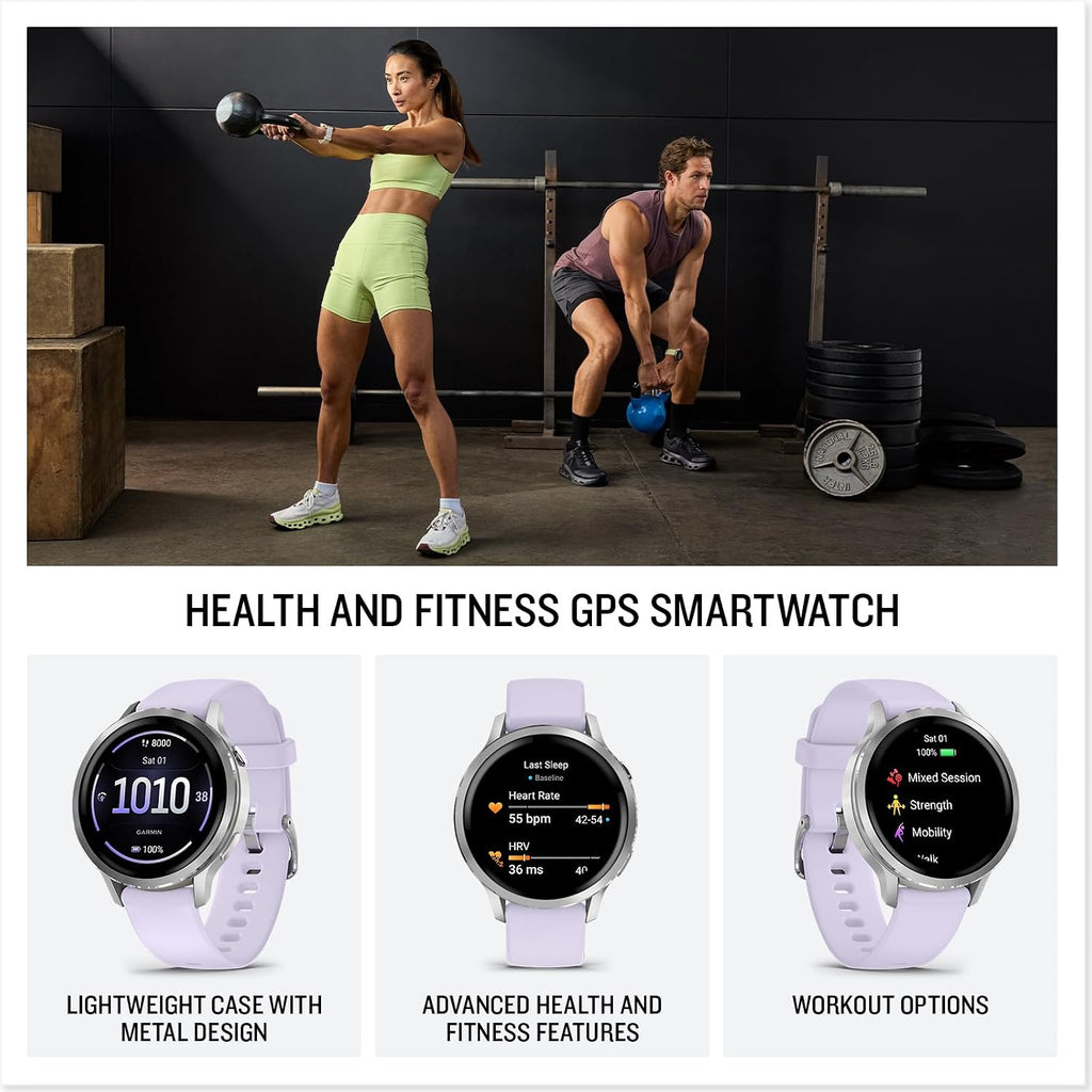 Garmin Venu® 4, 41mm, Advanced Health and Fitness GPS Smartwatch, Bright and Colorful Display, Built-in Flashlight, 10 Days of Battery Life, Silver with Periwinkle Silicone Band