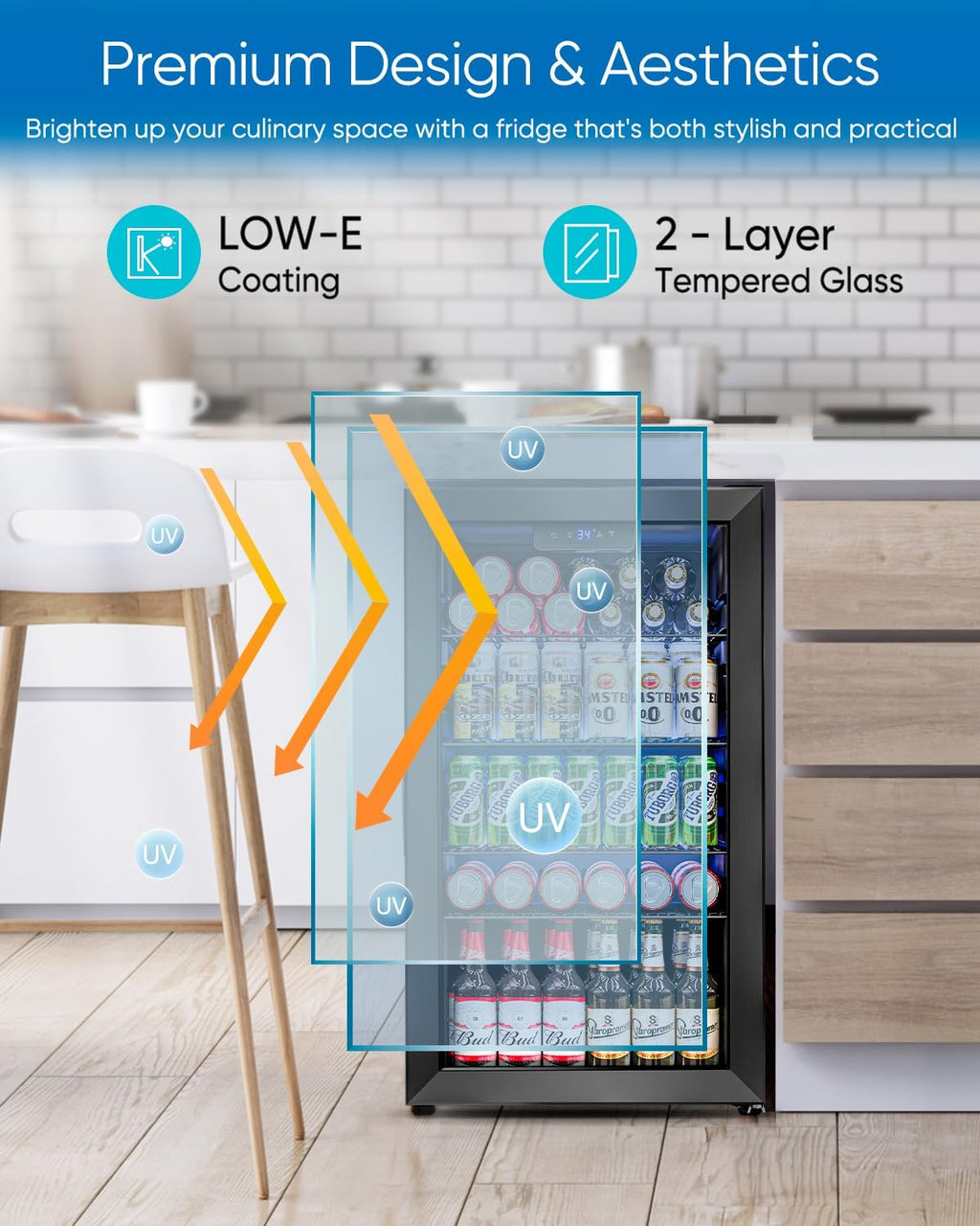 Feelfunn 3.2 Cu.Ft Mini Fridge with Glass Door - 126 Can Beverage Refrigerator Cooler for Drink Beer Wine Soda, Small Fridge for Bedroom Office Bar Dorm, 4 Adjustable Shelves, Black