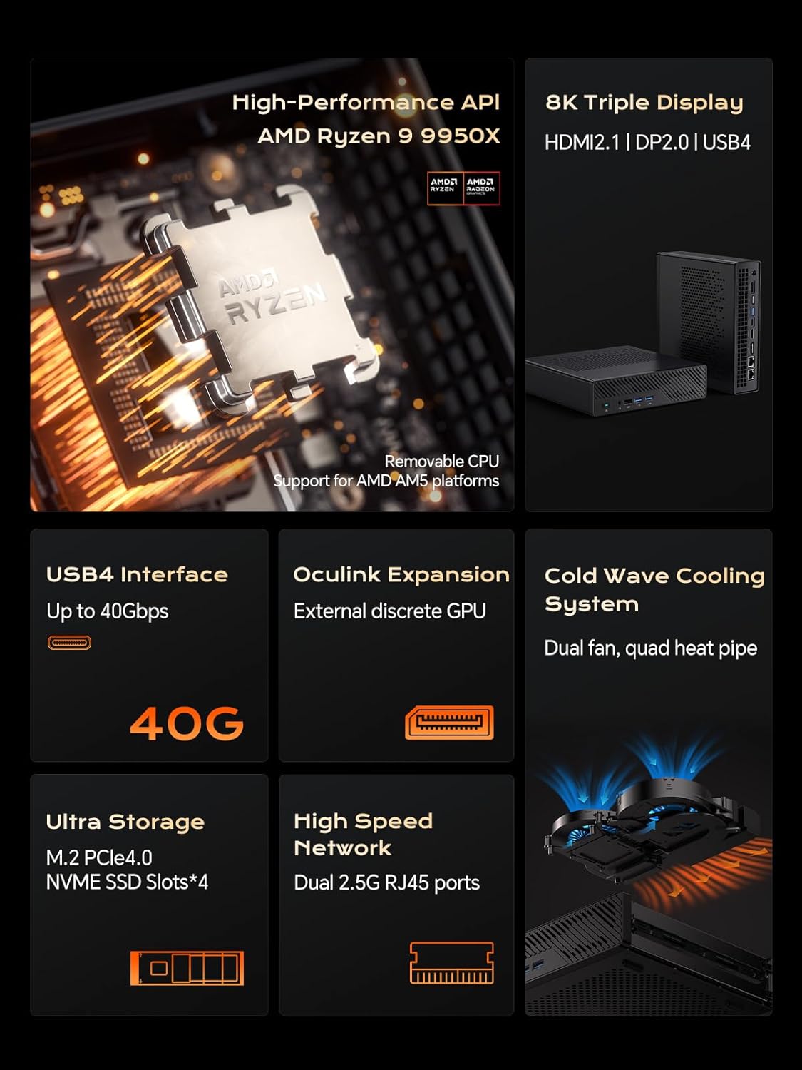 MINISFORUM Mini Workstation MS-A1 Barebone with AMD Ryzen 9 9950X (Zen 5, 16 cores/32 Threads, up to 5.7 GHz) Mini PC, OCuLink, Dual 2.5G LAN, 4× M.2 PCIe, HDMI/DP/USB-C, Without RAM/SSD