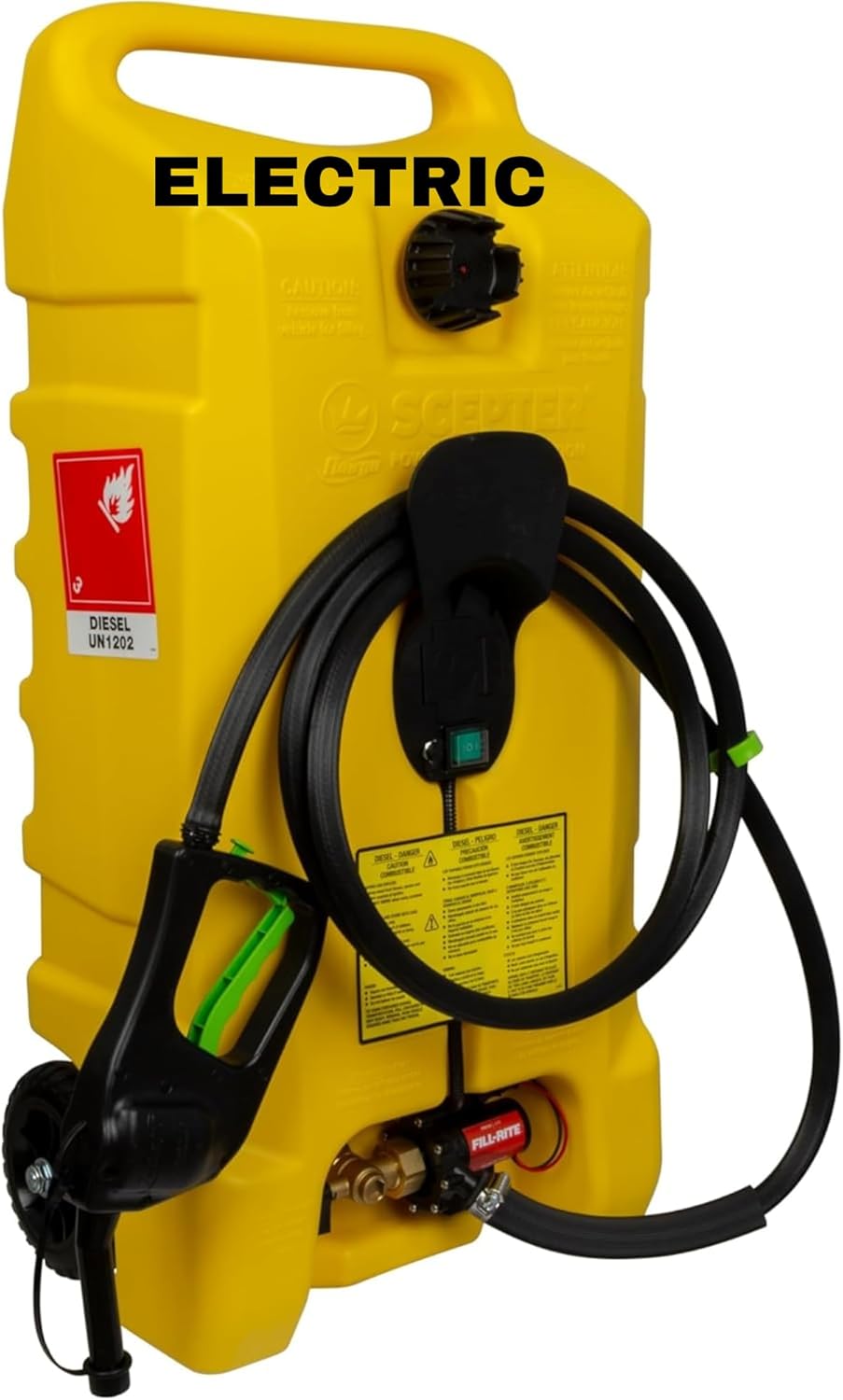 Scepter 14 Gallon Gas Caddy with Electric Fuel Pump, Flo 'N Go Powered Portable Fuel Tank with Fill-Rite Transfer Pump and 10-Foot Hose for Farm, Marine, Commercial, and Home Use, Yellow