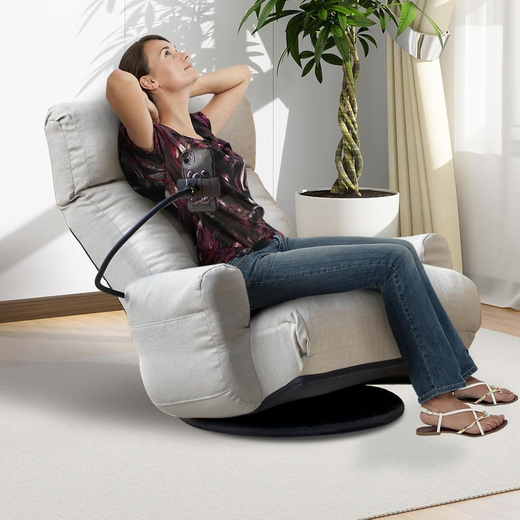 360° Swivel Floor Gaming Chair Linen Folding Lounge Sofa Chair with Adjustable Head and Waist, Armrests & Phone Holder, Padded Cushion Leisure Chairs for Living Room Bedroom (Grey)