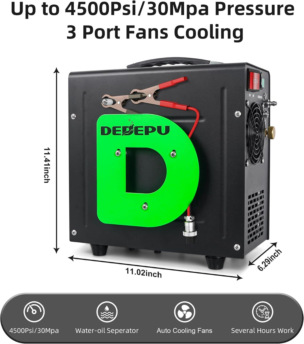 PCP Air Compressor, DEDEPU 4500Psi/30Mpa Electric Air Pump, Portable Paintball Scuba Tank Compressor, Built-in Power Converter, Powered by 12V DC or 110V/220V AC with Water-Oil Separator Filter