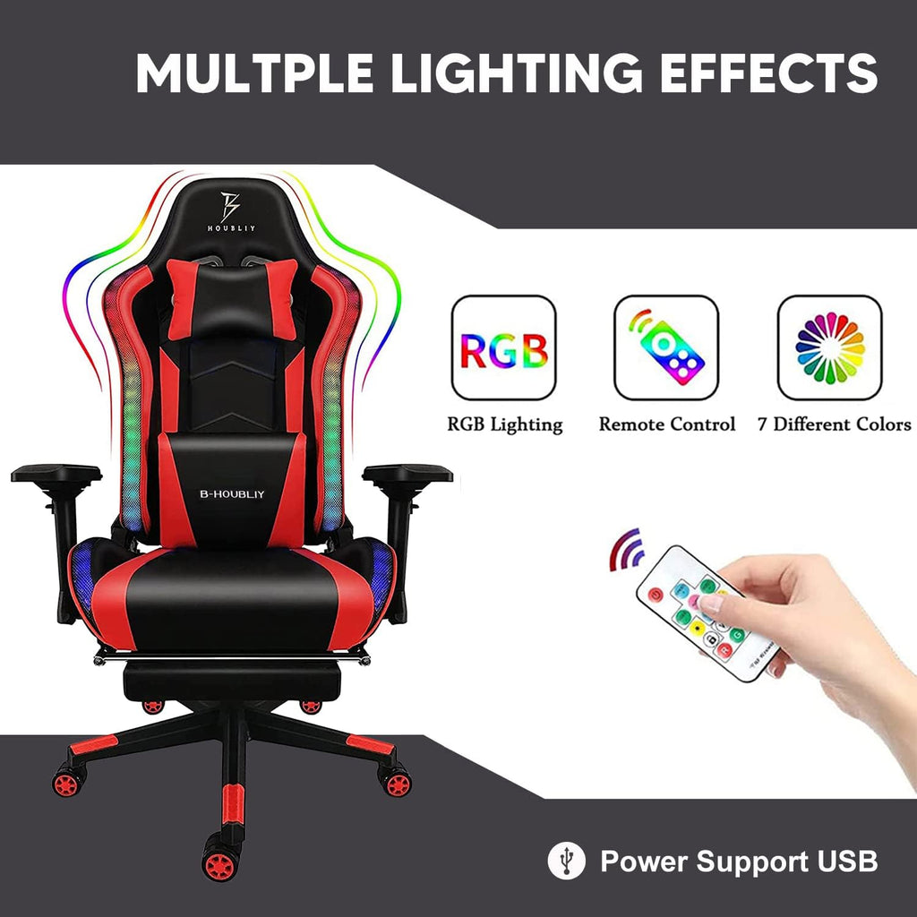 Ergonomic Office Chair with 7-Pointed Vibration Massage and Footrest, Big and Tall PU Leather Gaming Chair with Speakers and RGB Lights, Computer Chair with Lumbar Support Headrest Armrest,Blac