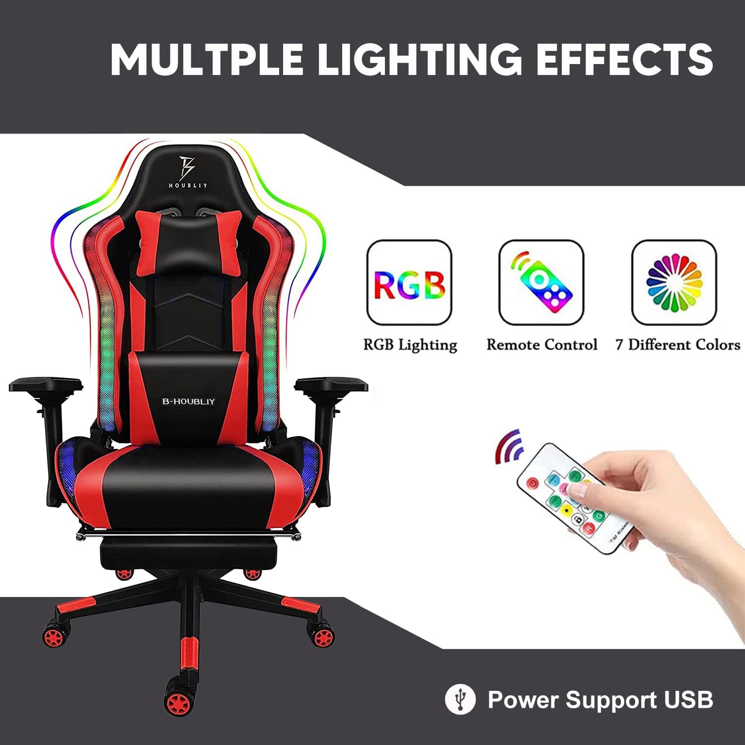 Ergonomic Office Chair with 7-Pointed Vibration Massage and Footrest, Big and Tall PU Leather Gaming Chair with Speakers and RGB Lights, Computer Chair with Lumbar Support Headrest Armrest,Blac