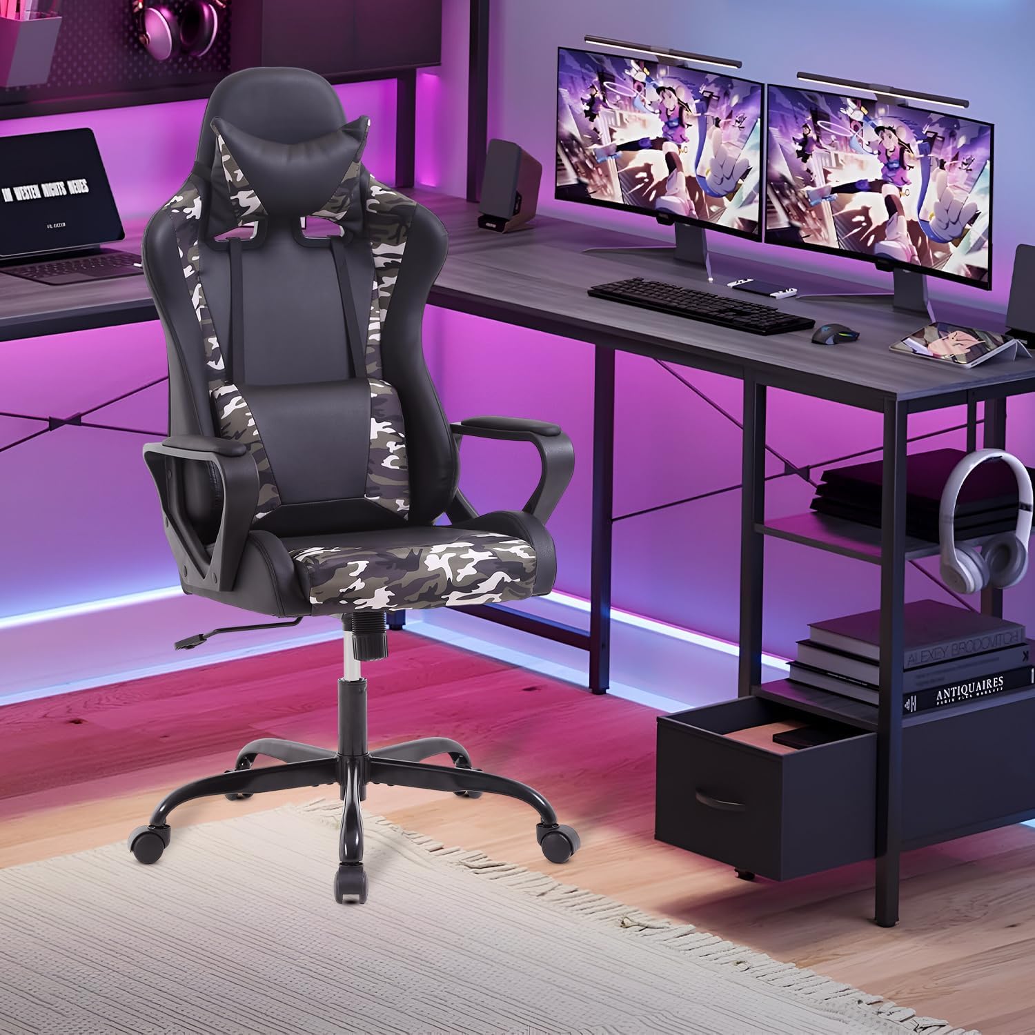 Dopinmin PU Leather Ergonomic Gaming Chair Esports Computer Chair Boss Chair with Lumbar Cushion and Retractable Footrest Video Game Chair for Streaming,CAMO
