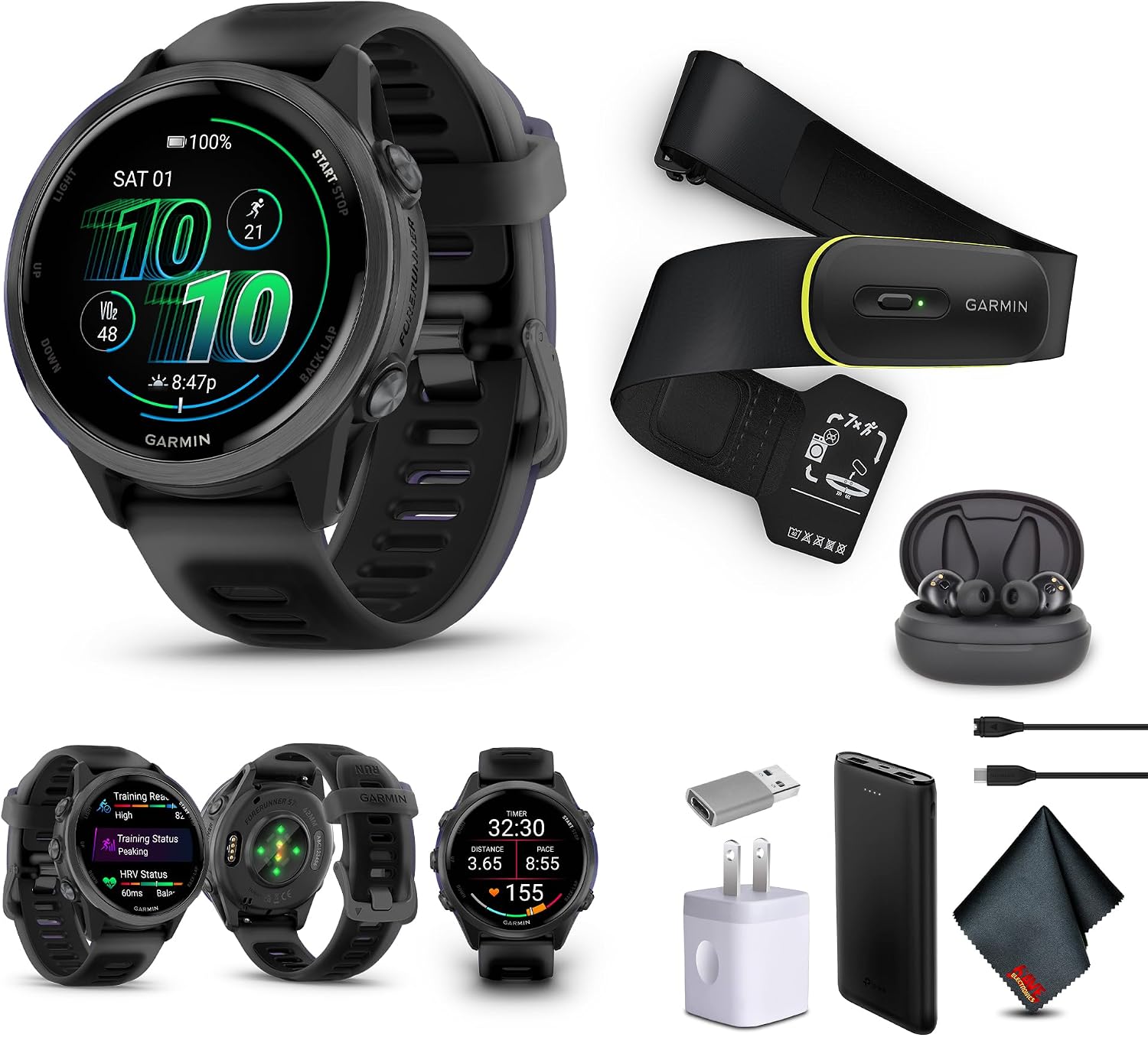 Garmin Forerunner 570 Running Smartwatch, 42MM WiFi, GPS Fitness Smart Watch for Men and Women, Slate Gray Aluminum with Translucent Black/Black Band + Access 600 Fitness Monitor, XS-S + More