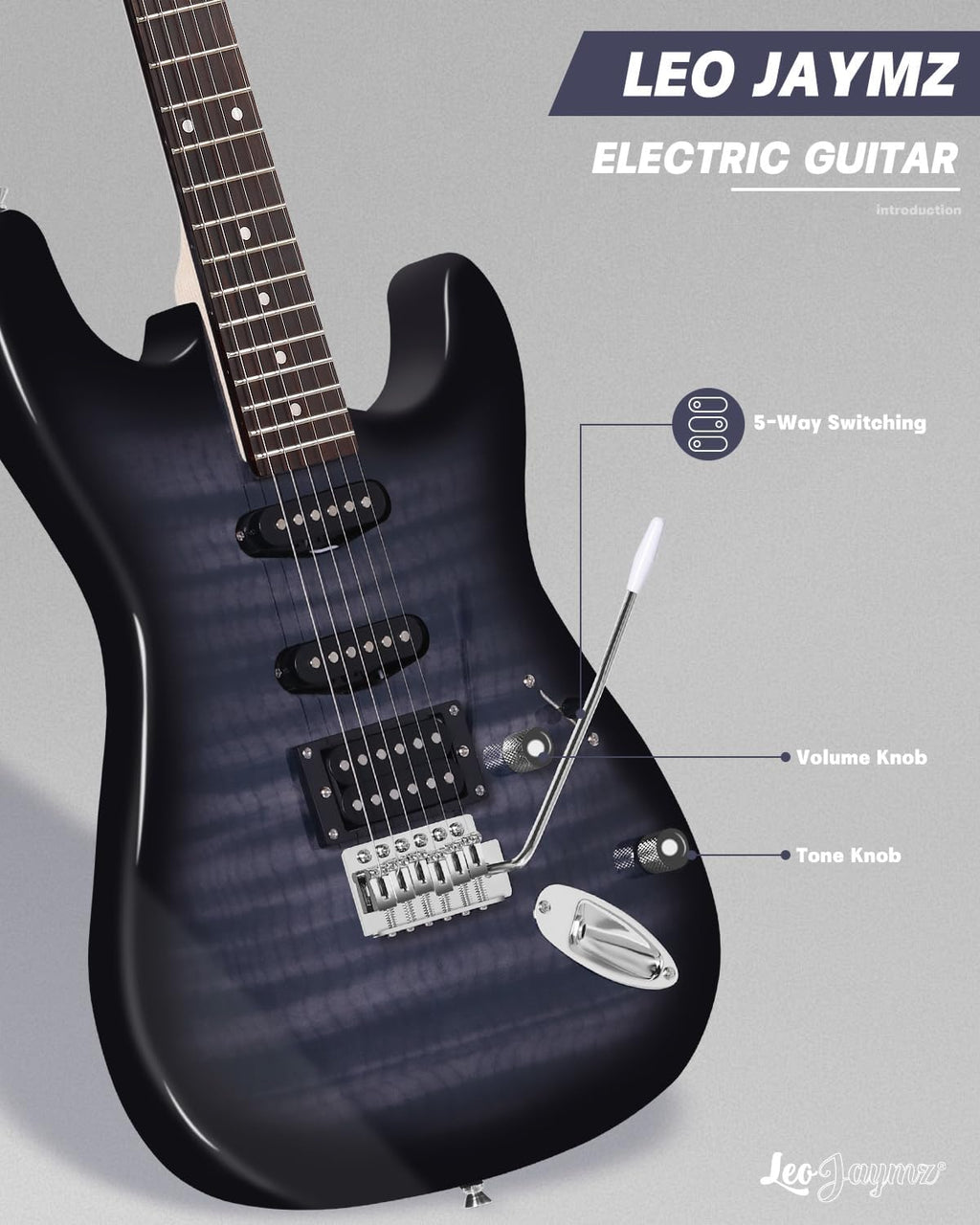 Leo Jaymz 39' Full Size ST Style Electric Guitar Starter Kit with SSH Pickup, 5W Portable Amp, Tuner, Gig Bag, Strap & Accessories(Black Flame 5W)