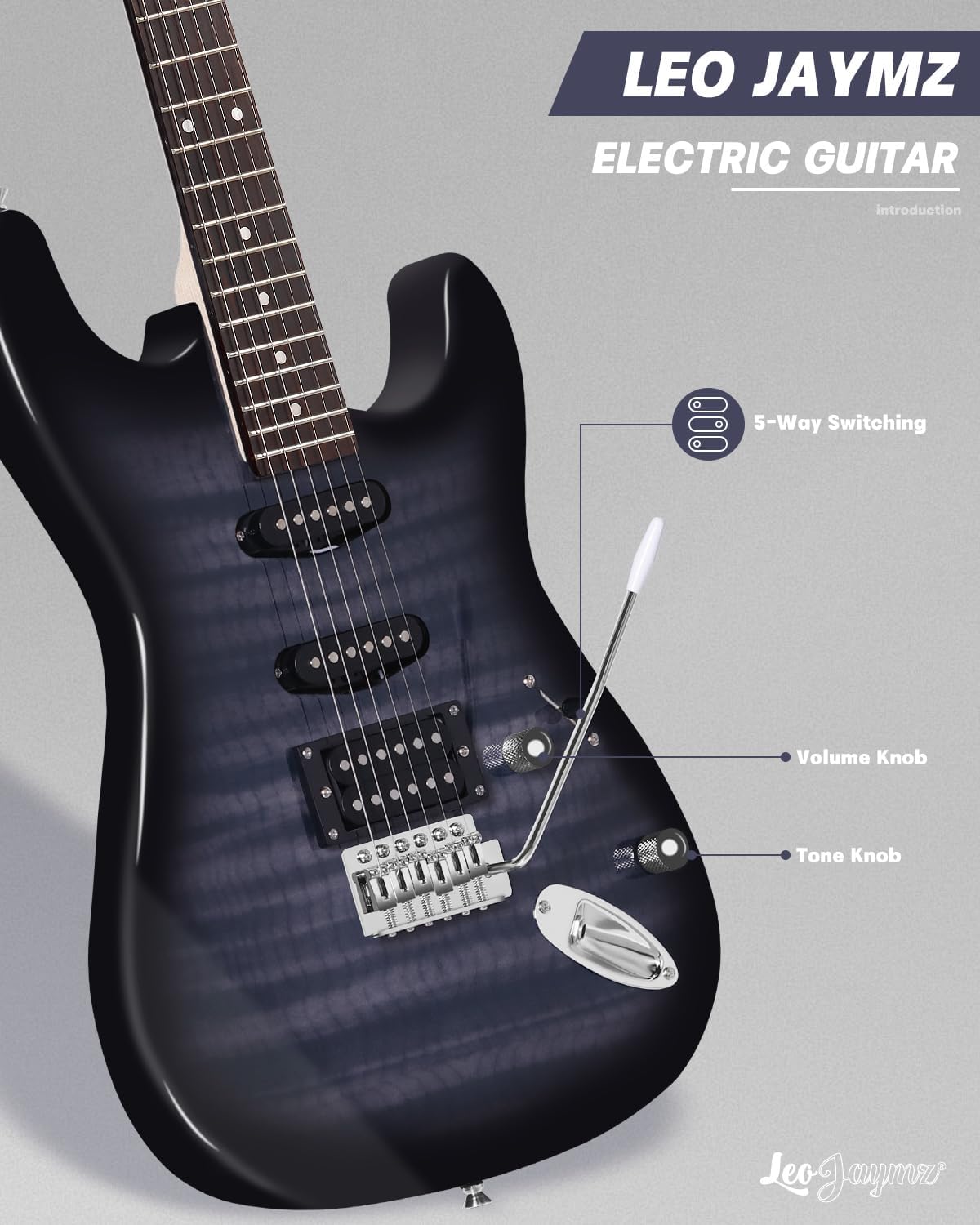 Leo Jaymz 39' Full Size ST Style Electric Guitar Starter Kit with SSH Pickup, 5W Portable Amp, Tuner, Gig Bag, Strap & Accessories(Black Flame 5W)