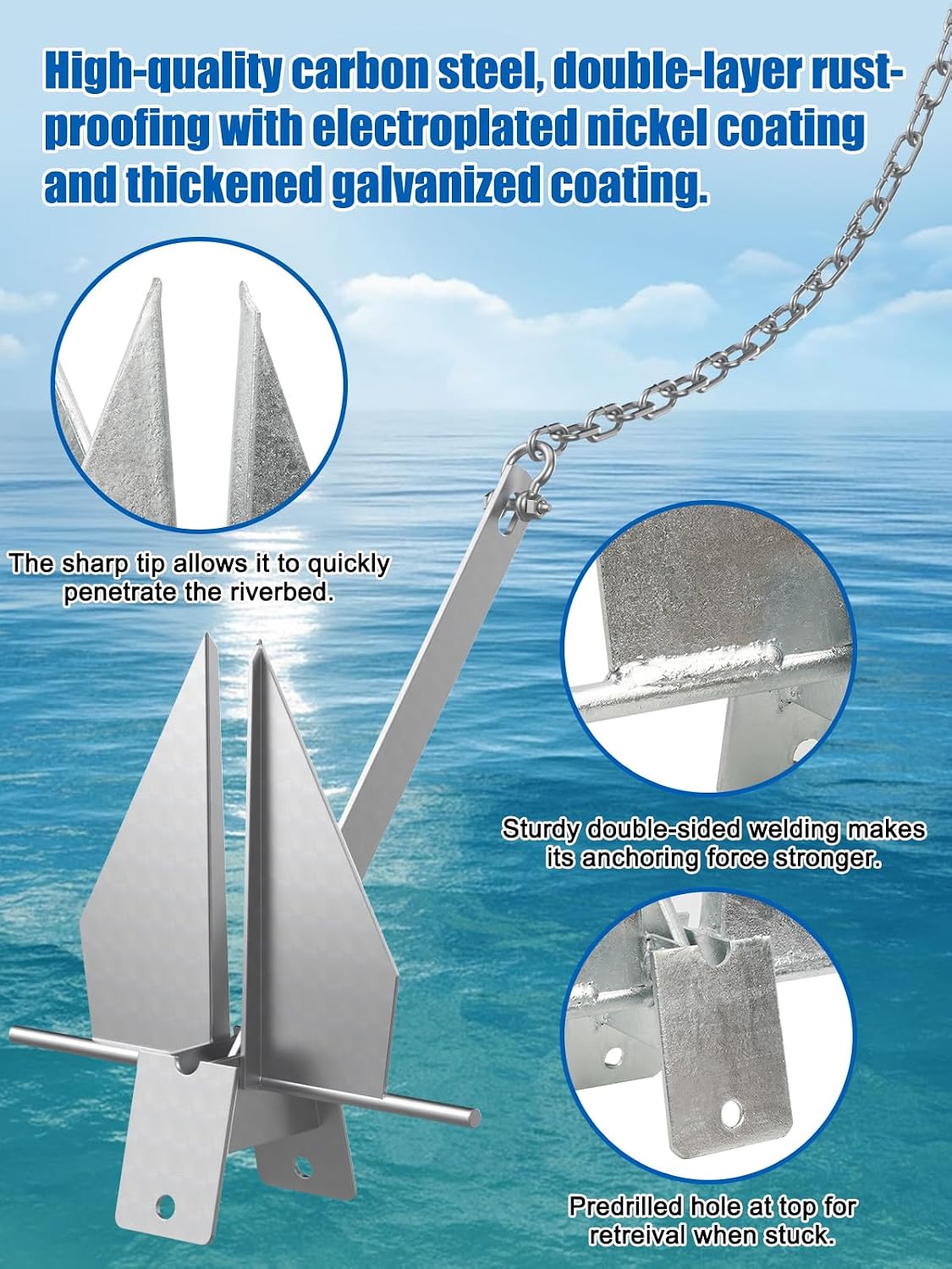 Boat Anchor Kit, 4 Sizes Fluke Anchor with Float, Chain, Rope, Hot-Dipped Galvanized Steel Anchor for Watercraft Up to 38FT