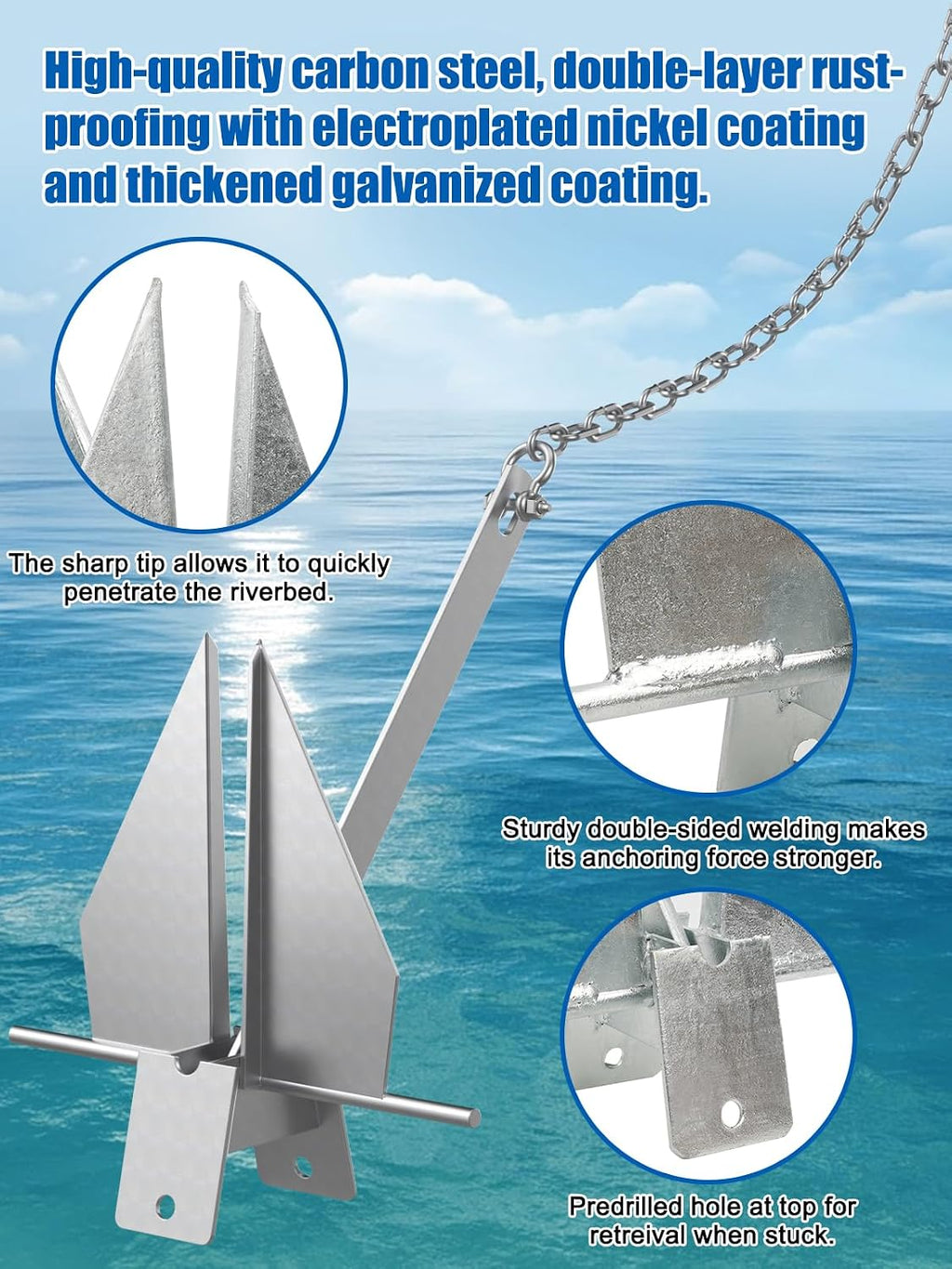 Boat Anchor Kit, 4 Sizes Fluke Anchor with Float, Chain, Rope, Hot-Dipped Galvanized Steel Anchor for Watercraft Up to 38FT