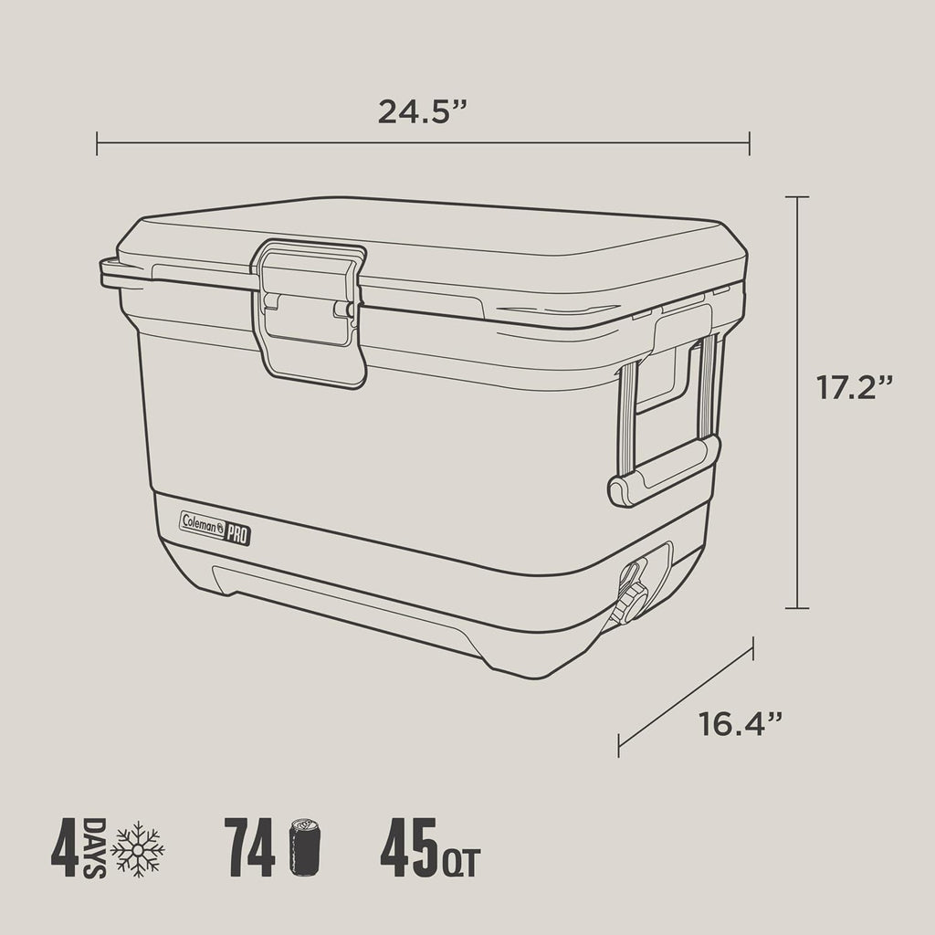 Coleman Pro Heavy-Duty 45qt Ultra-Light Premium Hard Cooler, Extra-Thick Insulation Keeps Ice up to 4 Days, 74-Can Capacity