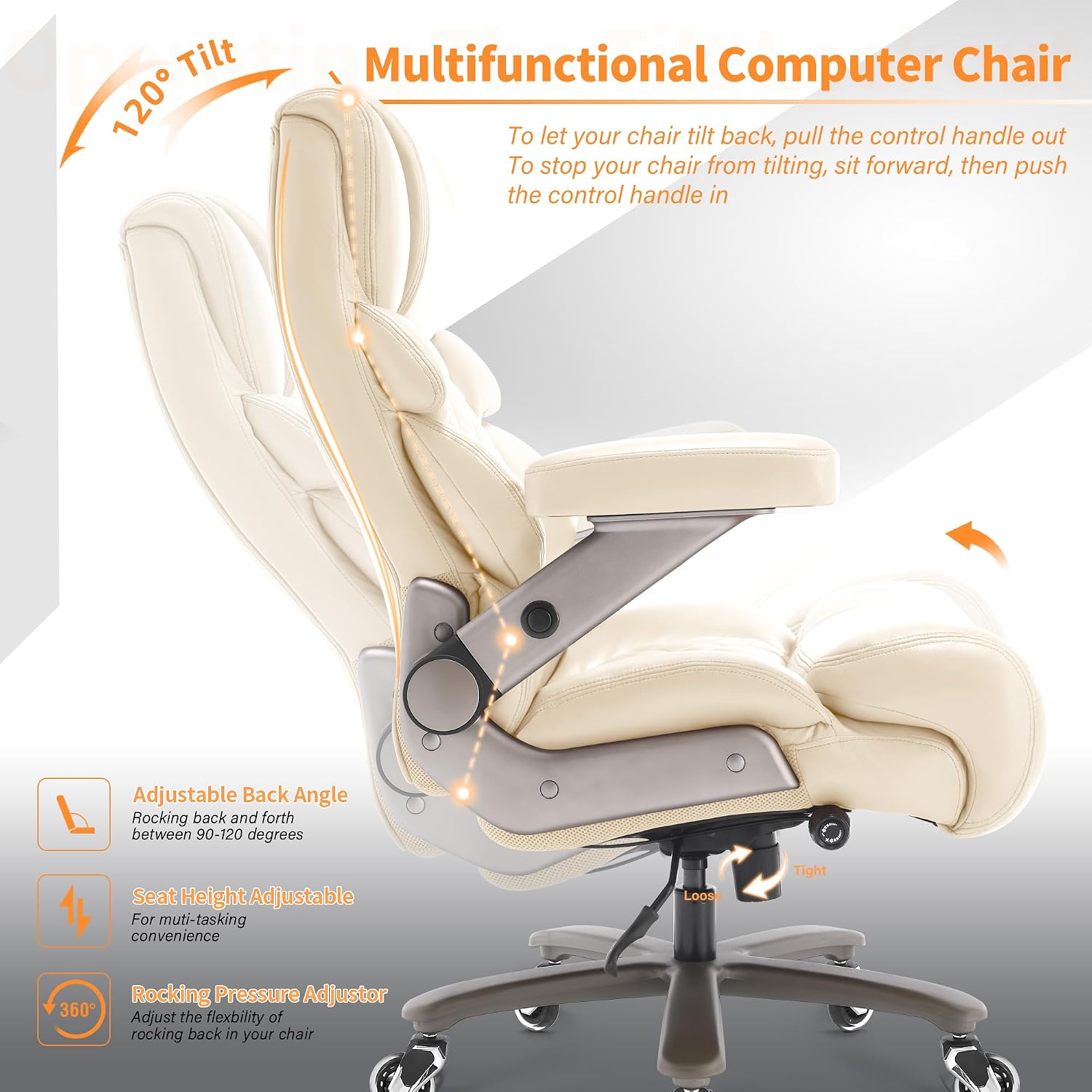VUZI 700lbs Big and Tall Office Chair-Large Computer Chair with Adjustable Lumbar Support 3D Flip Arms Plus Size Wheels, High Back Executive Desk Chair, Heavy Duty Metal Base, Thick Padded Wide Seat