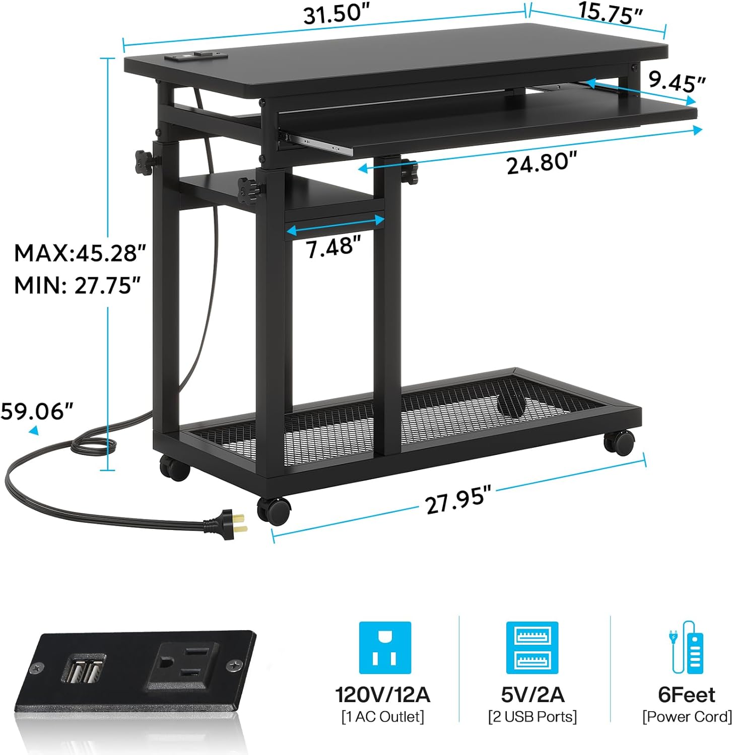 Tribesigns Small Portable Desk with Power Outlet, Height Adjustable Sofa Couch Bedside Laptop Table with Wheels, Mobile Standing Desk Rolling Computer Cart C Side Table with USB Ports