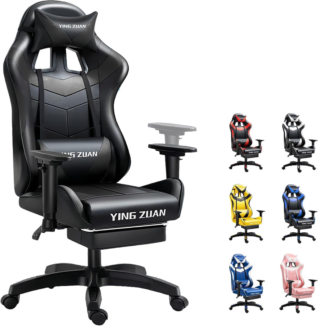 Ergonomic Gaming Chair with Latex Seat, High Back Computer Office Chair with Speakers & Massage Lumbar Support, 3D Adjustable Armrests, Retractable Footrest, 138° Reclining for Adults(Black)