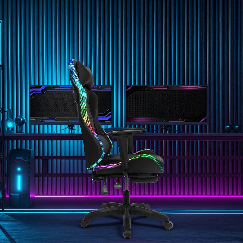 Gaming Chair with Bluetooth Speakers and LED Lights, Gamer Chair with Height Adjustable, Ergonomic Massage Computer Gaming Chair with Footrest, Video Game Chair with Lumbar Support for Adults