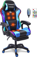 Massage Gaming Chair with Speakers and LED Light, Ergonomic Computer Gaming Chair with Footrest and Adjustable Lumbar Support, PU Leather, 90°-135°, Racing Video Gaming Chair.,Blue