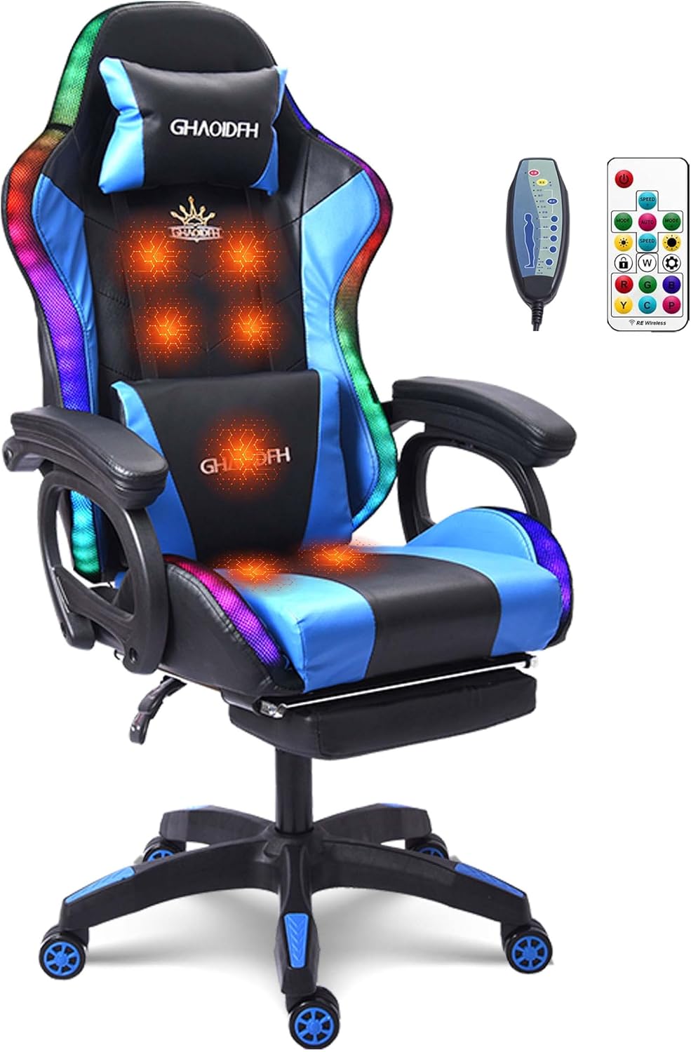 Massage Gaming Chair with Speakers and LED Light, Ergonomic Computer Gaming Chair with Footrest and Adjustable Lumbar Support, PU Leather, 90°-135°, Racing Video Gaming Chair.,Blue