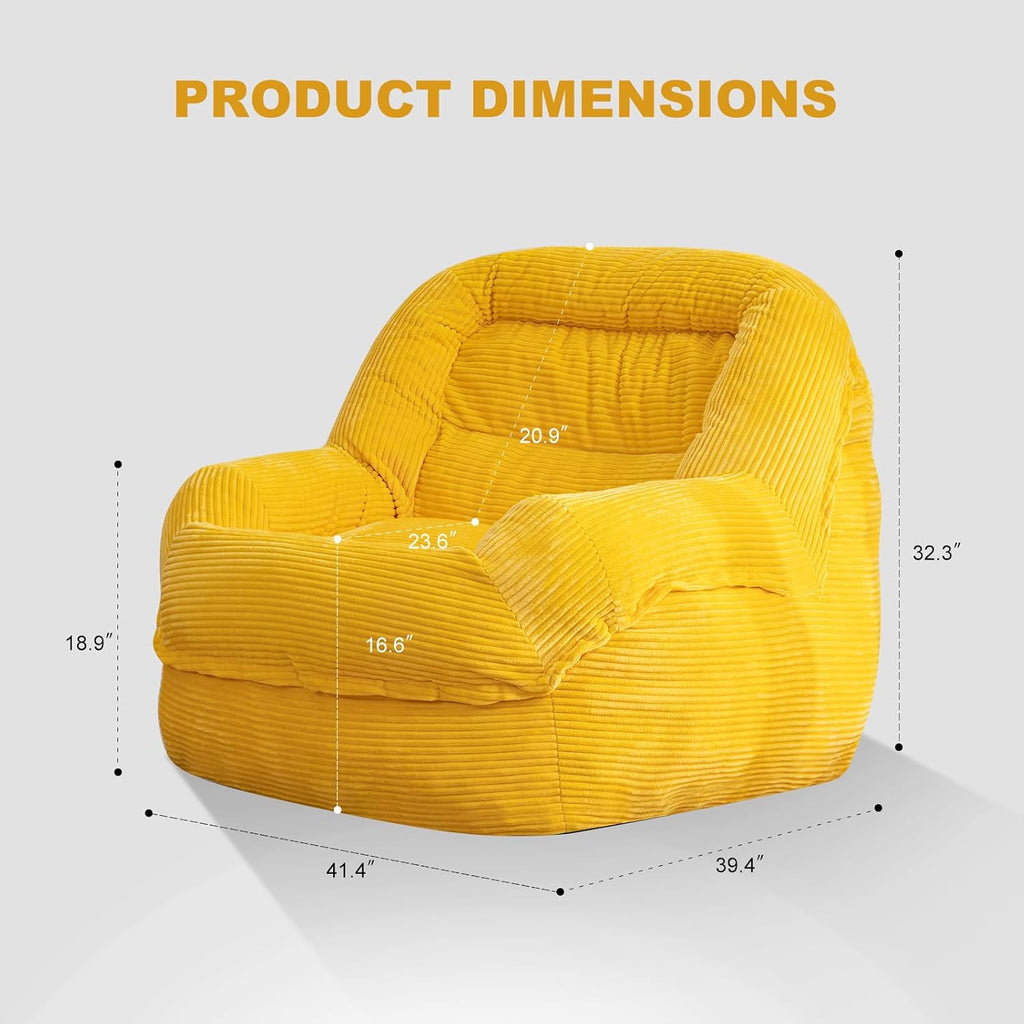 Giant Bean Bag Chair with Armrests - Oversized Cozy Seating for Adults, Corduroy Fabric & High-Resilience Foam Filling, Ideal Lounge for Living Room, Bedroom & Gaming Room (Corn Yellow)