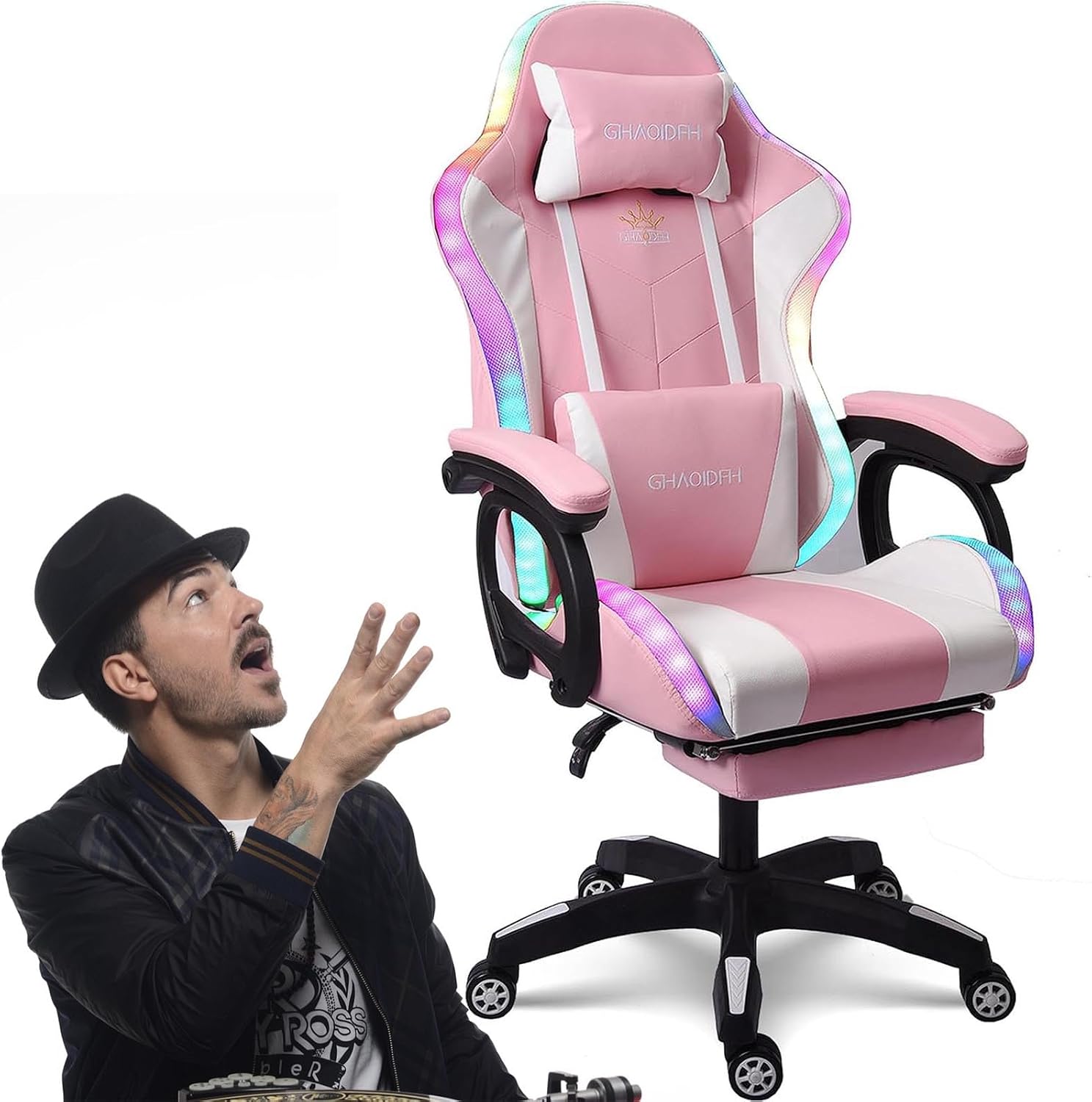 Gaming Chair with Bluetooth Speakers,Computer Chair Massage with LED Lights,Ergonomic Game Chair,Computer Stool with Footrest and Lumbar Support Height Adjustable with 360°-Swivel Seat (Pink)