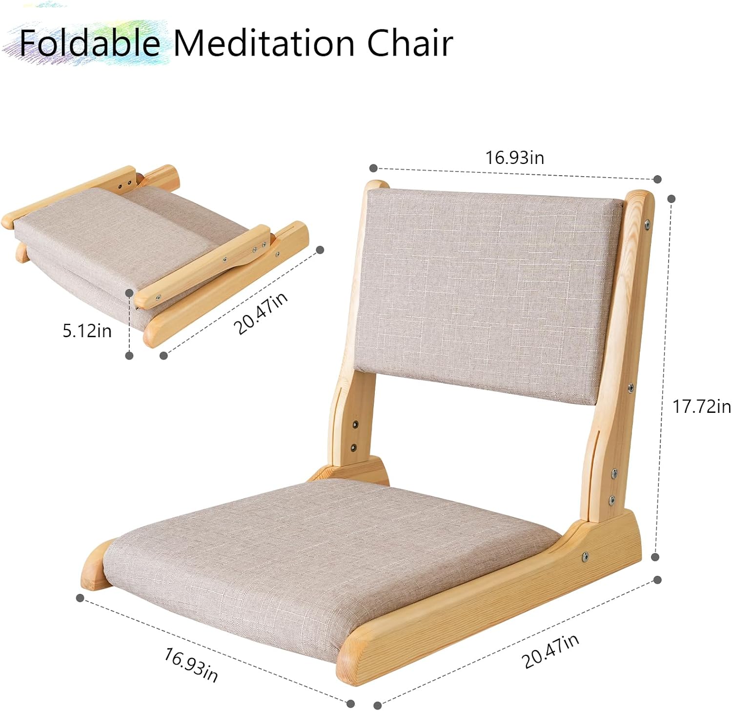 Japanese Floor Chair with Back Support, Foldable Meditation Chair, Legless Tatami Chair with Cushion, Floor Seat for Living Room, Bedroom, Bay Window (2, Gray)