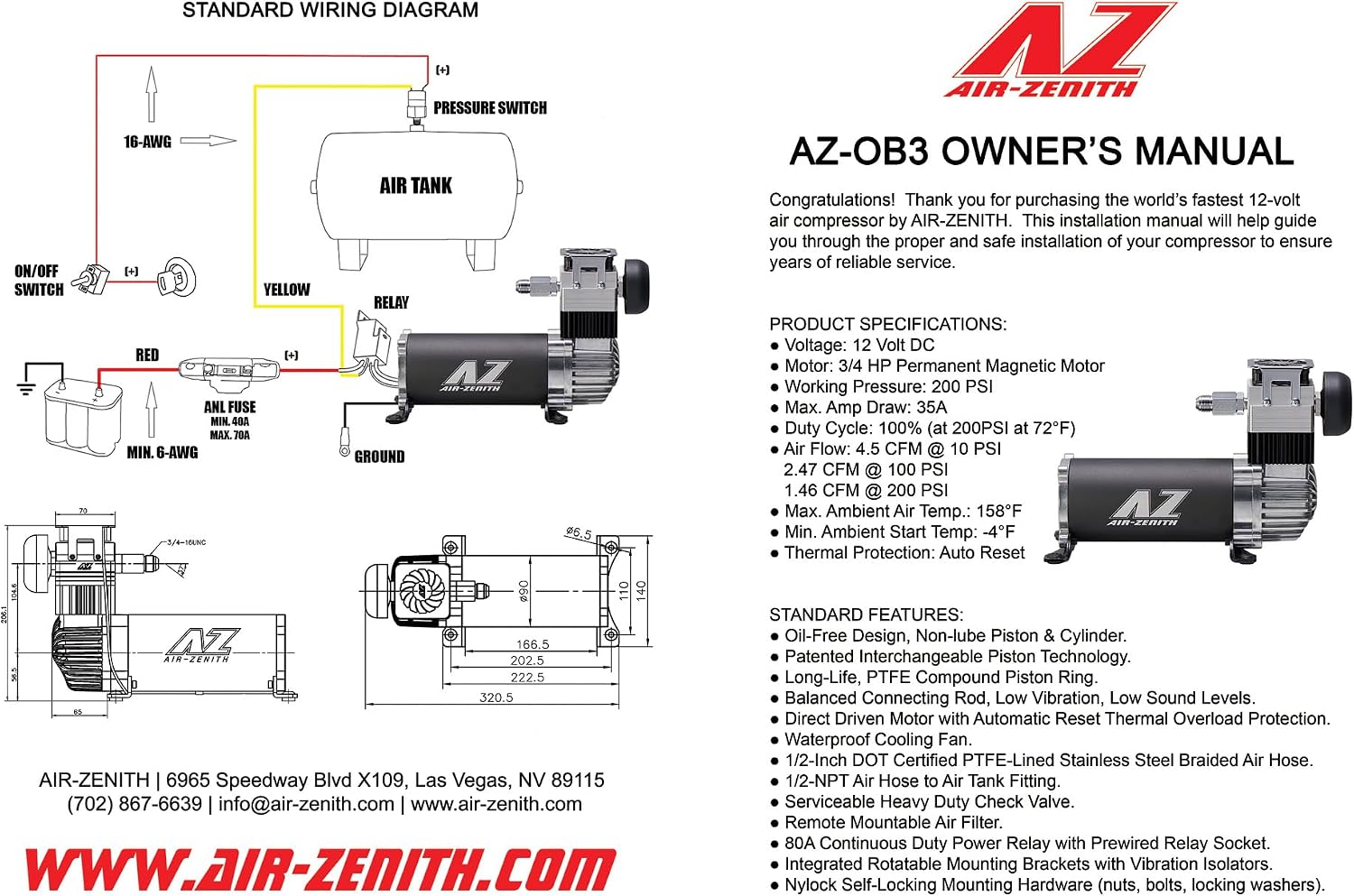 Black & Silver 200 PSI Air Zenith OB3 Air Compressor | 4.5 CFM | 12-Volt | 100% Duty Cycle