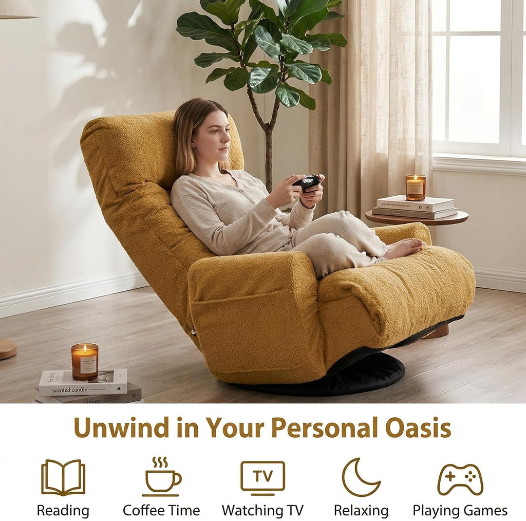 360° Swivel Floor Gaming Chair Yellow Teddy Folding Chaise Lounge Chair Adjustable Comfy Sofa Chair with Armrests, Phone Holder & Padded Cushion, Ideal for Living Room, Bedroom