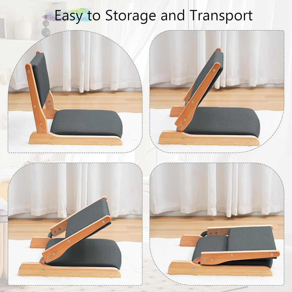 Japanese Floor Chair with Back Support, Foldable Meditation Chair, Legless Tatami Chair with Cushion, Floor Seat for Living Room, Bedroom, Bay Window (2, Black) (2, Black)
