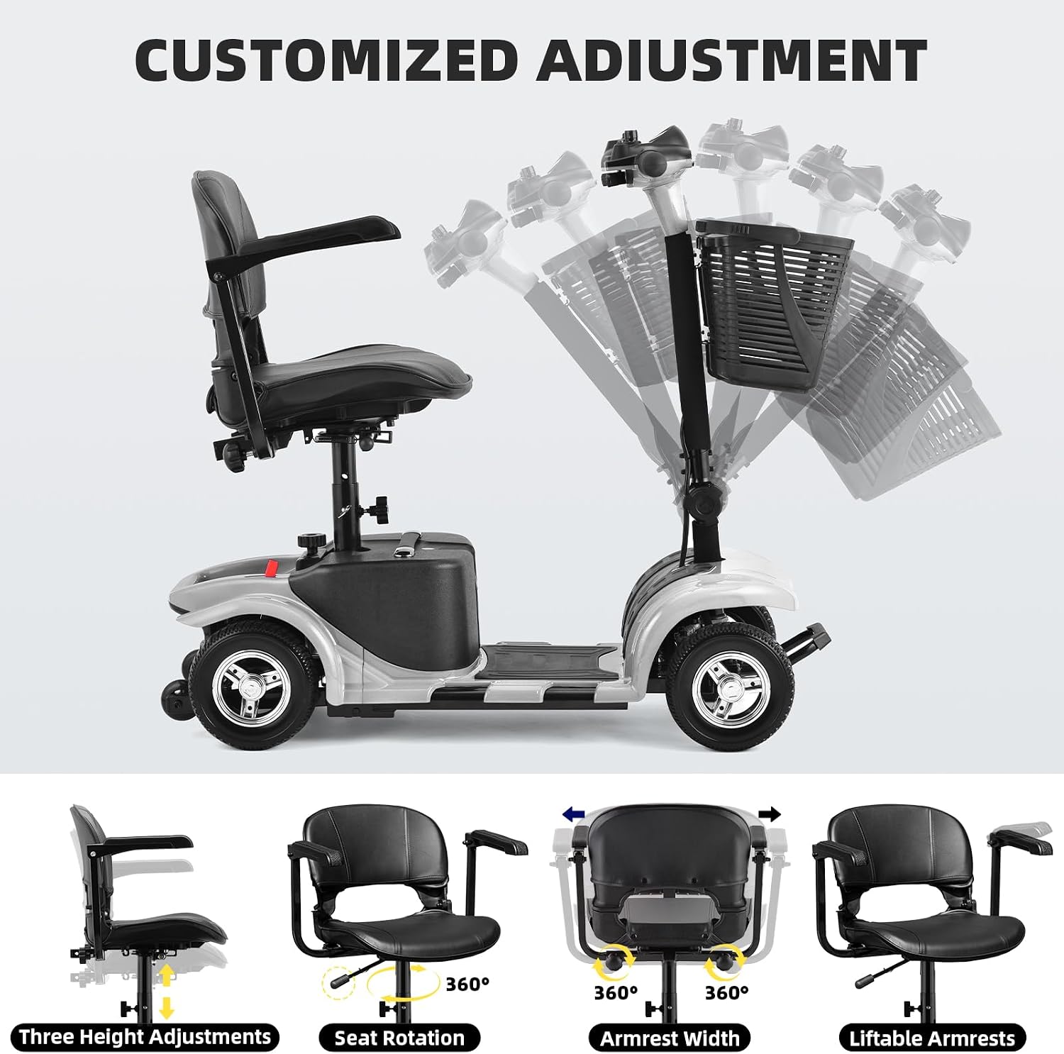 Mobility Scooter for Adults, Senior, 4 Wheels Electric Powered Chargeable Device for Travel, Lightweight and Portable, with LED Headlights and Basket, Charger Included, Red/Blue (Silver/Black)