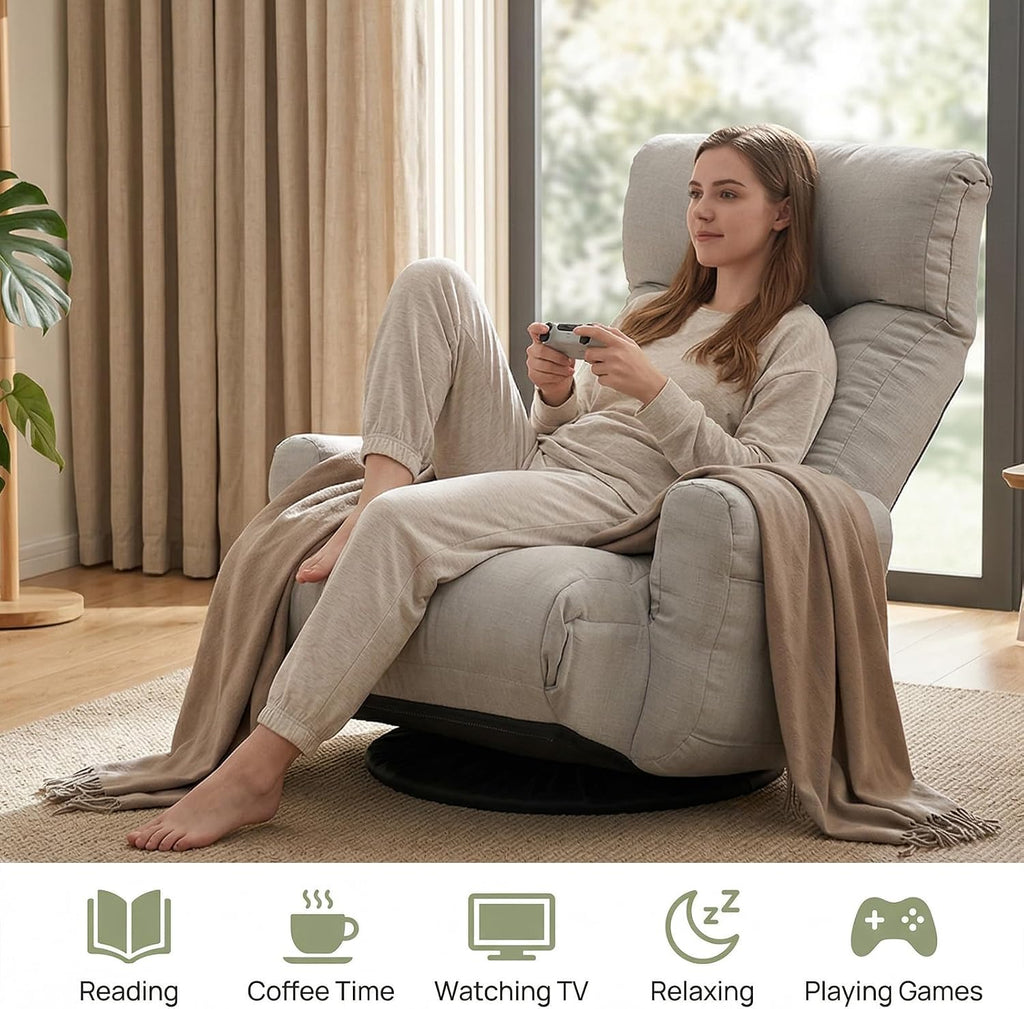 360° Swivel Floor Gaming Chair Linen Folding Chaise Lounge Chair Adjustable Cozy Sofa Chair with Armrests, Phone Holder & Padded Cushion, Ideal for Living Room, Bedroom (Grey)