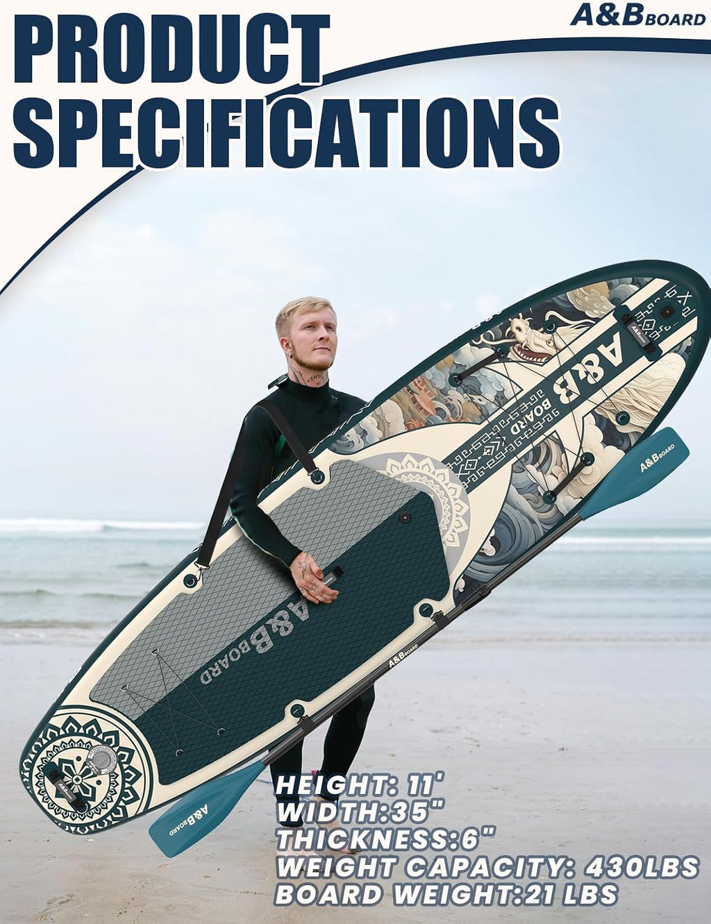 ABBOARD Inflatable Stand Up Paddle Board - Extra Wide Fishing Paddleboard with Sup Accessories Youth/Adults