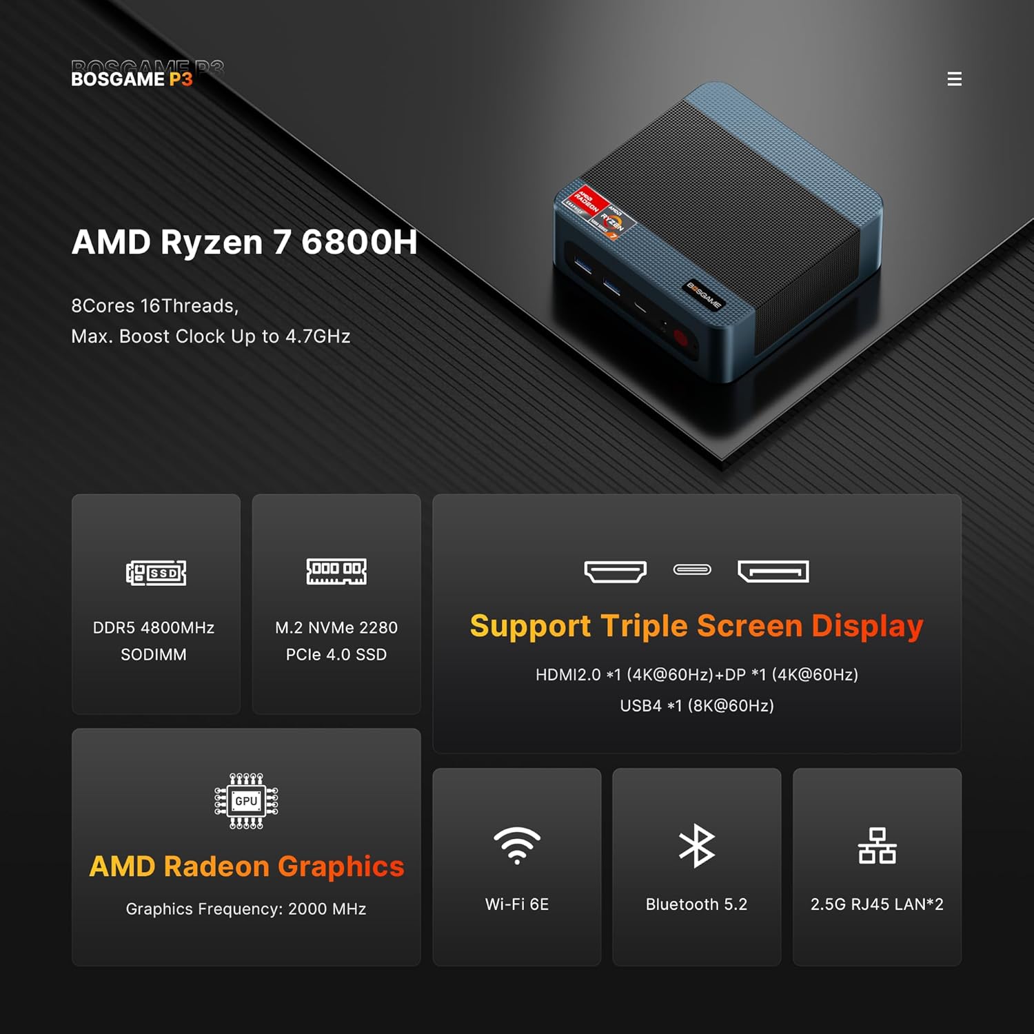 BOSGAME P3 Mini PC AMD Ryzen 7 6800H (up to 4.7GHz), 32GB DDR5 1TB PCIe 4.0 SSD Mini Desktop Computer, Full-Featured USB4, Dual 2.5G LAN, Triple Display, WiFi 6E, Micro Gaming PC