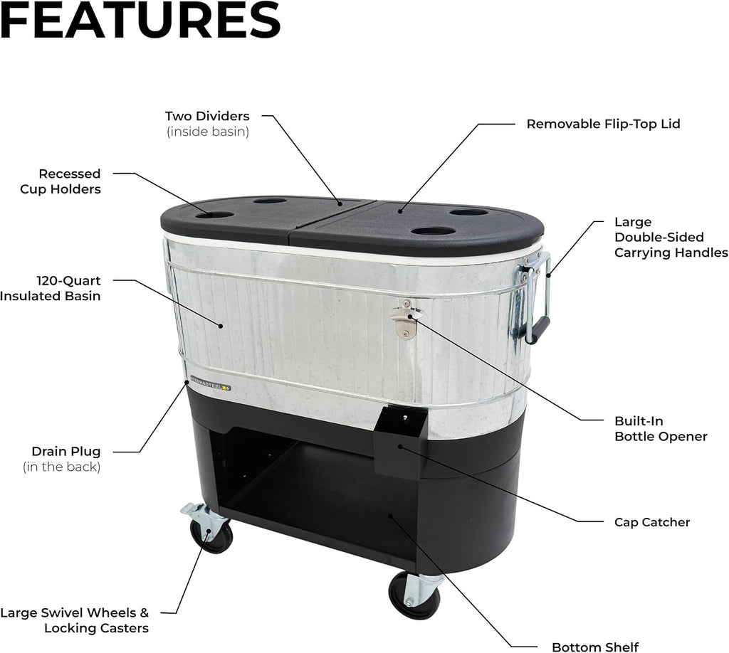 Permasteel Rolling Patio Cooler – Large Outdoor Ice Chest with Wheels, Beverage Cooler for Backyard, BBQ, Tailgate, Beach, Parties, Rustic Farmhouse Design
