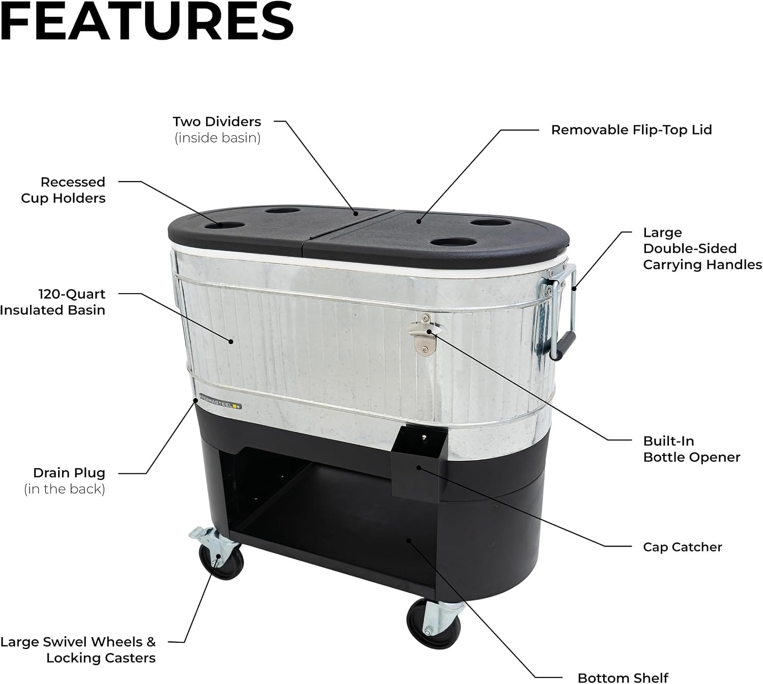 Permasteel Rolling Patio Cooler – Large Outdoor Ice Chest with Wheels, Beverage Cooler for Backyard, BBQ, Tailgate, Beach, Parties, Rustic Farmhouse Design