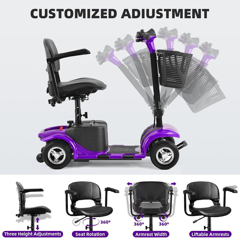 Mobility Scooter for Adults, Senior, 4 Wheels Electric Powered Chargeable Device for Travel, Lightweight Mobility Scooter with LED Headlights and Basket, Charger Included