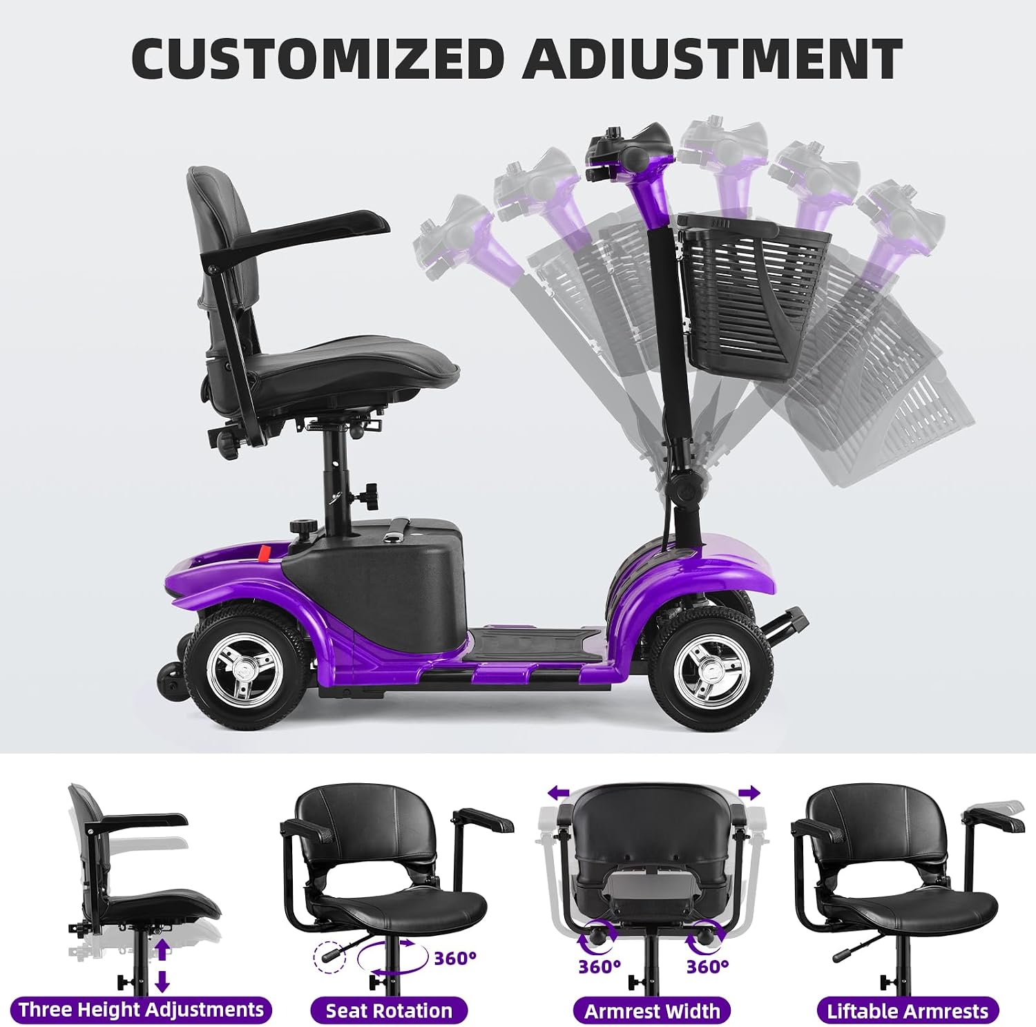 Mobility Scooter for Adults, Senior, 4 Wheels Electric Powered Chargeable Device for Travel, Lightweight Mobility Scooter with LED Headlights and Basket, Charger Included