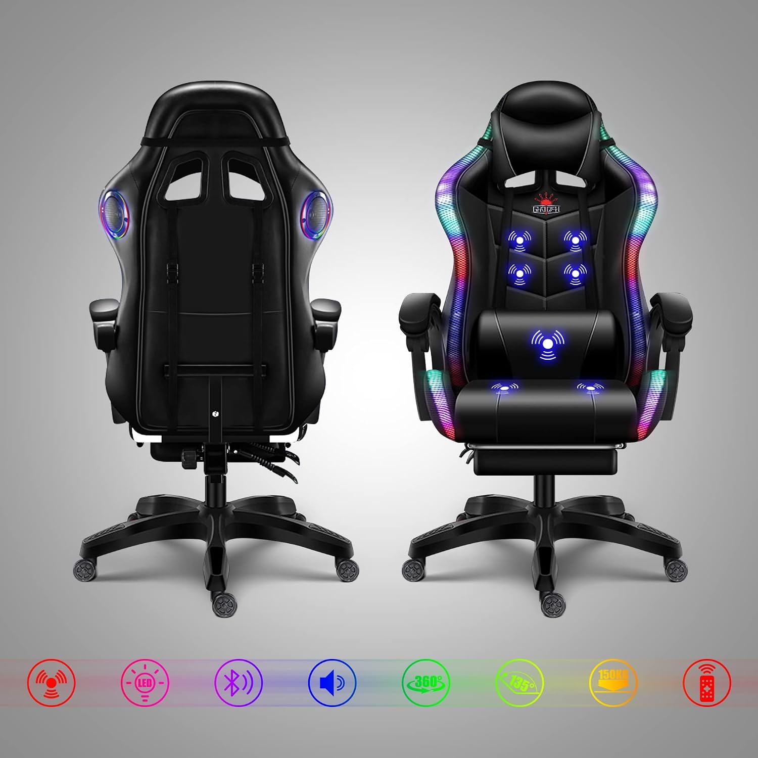 7-Point Massage Gaming Chair with RGB Lighting and Speakers,Ergonomic Gaming Chair with footrest and Headrest and Lumbar Pillow Video Game Chairs,Adults High Back Gaming Chair,White
