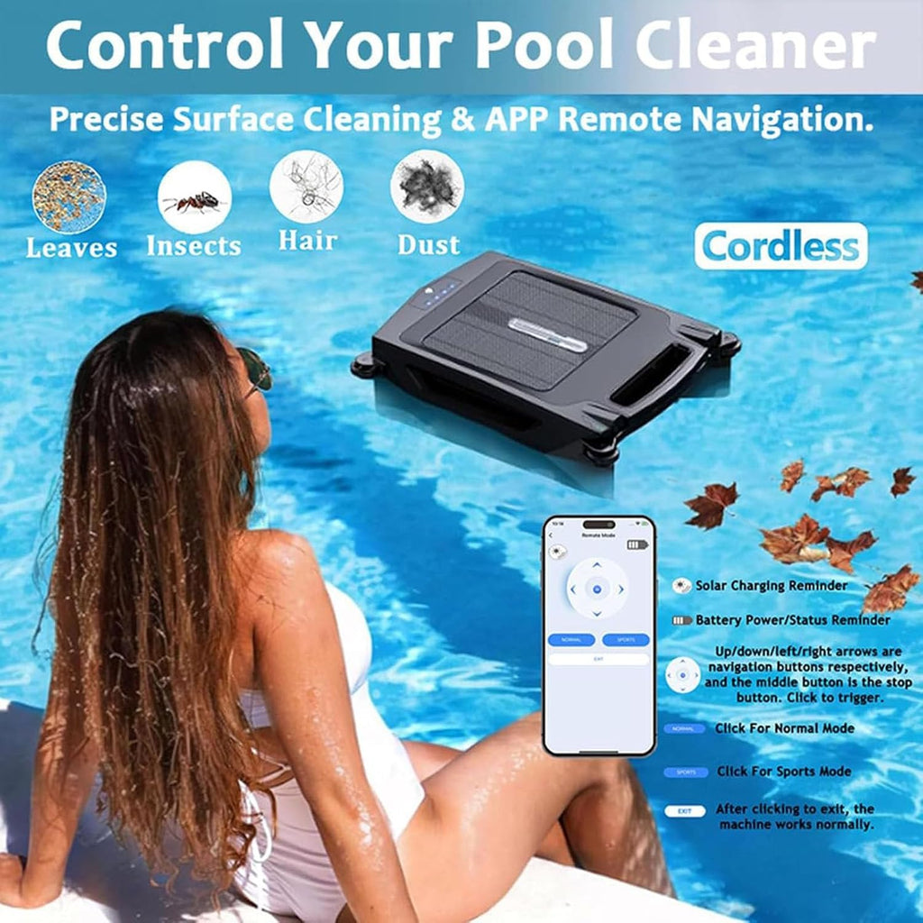 Pool Cleaner, Automatic Pool Skimmer, Cordless Cleaning Robot, 300 Min Runtime, Solar Cleaning Robot